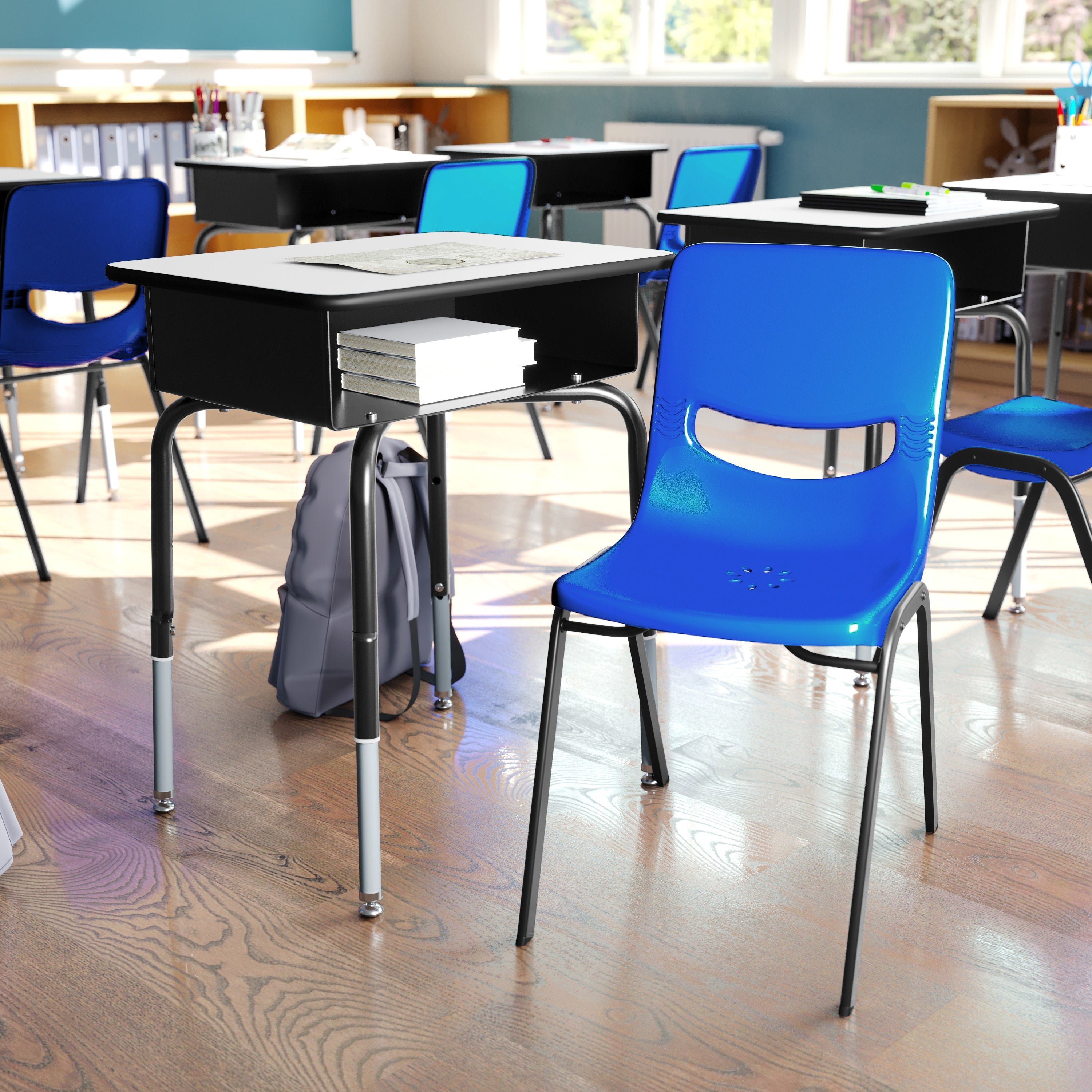 HERCULES Student Desk with Open Front Metal Book Box, Gray Desktop, and Black Frame and Navy Heavy-Duty Flex Comfort Classroom Stack Chair