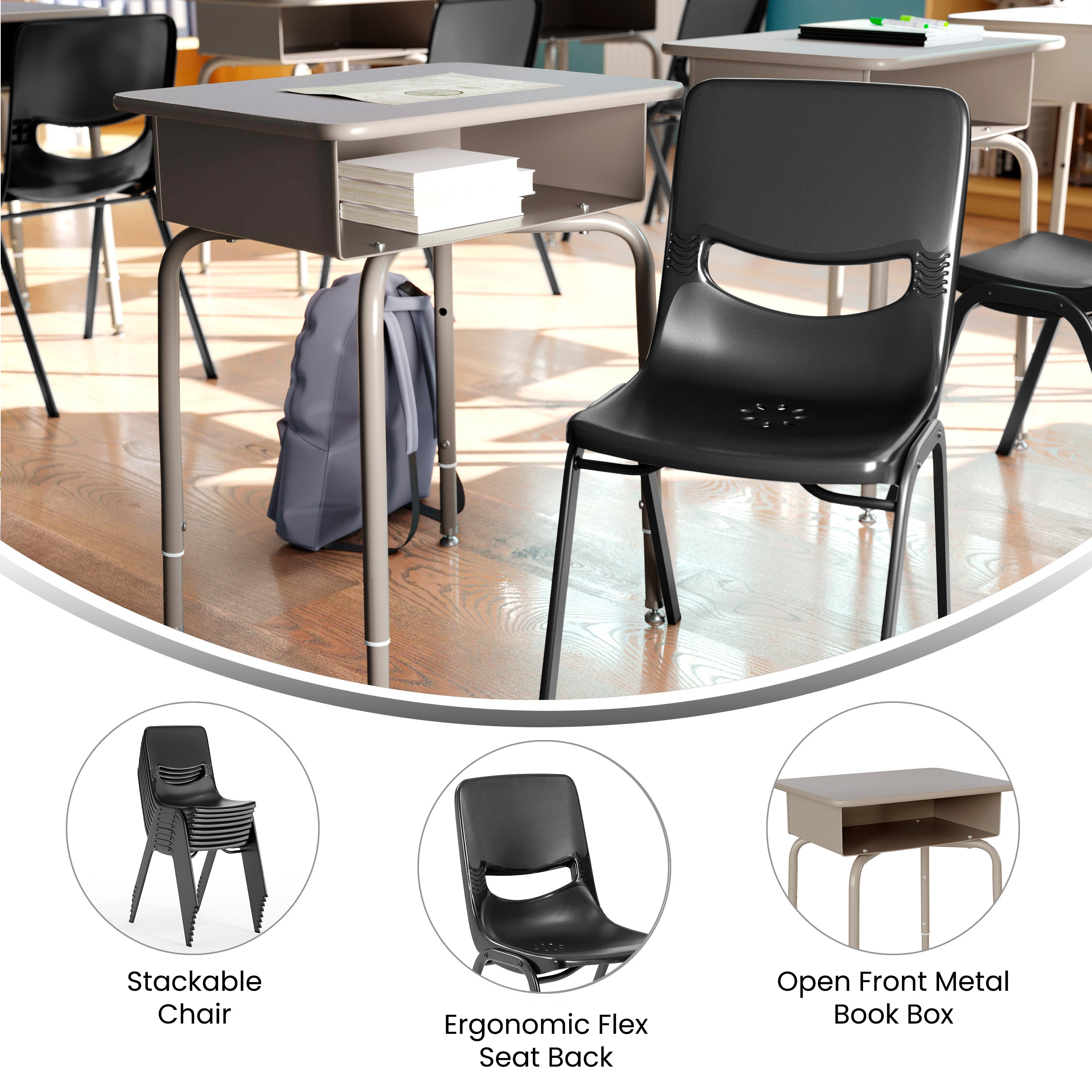 HERCULES Student Desk with Open Front Metal Book Box, Gray Granite Desktop, and Silver Frame and Black Heavy-Duty Flex Comfort Classroom Stack Chair