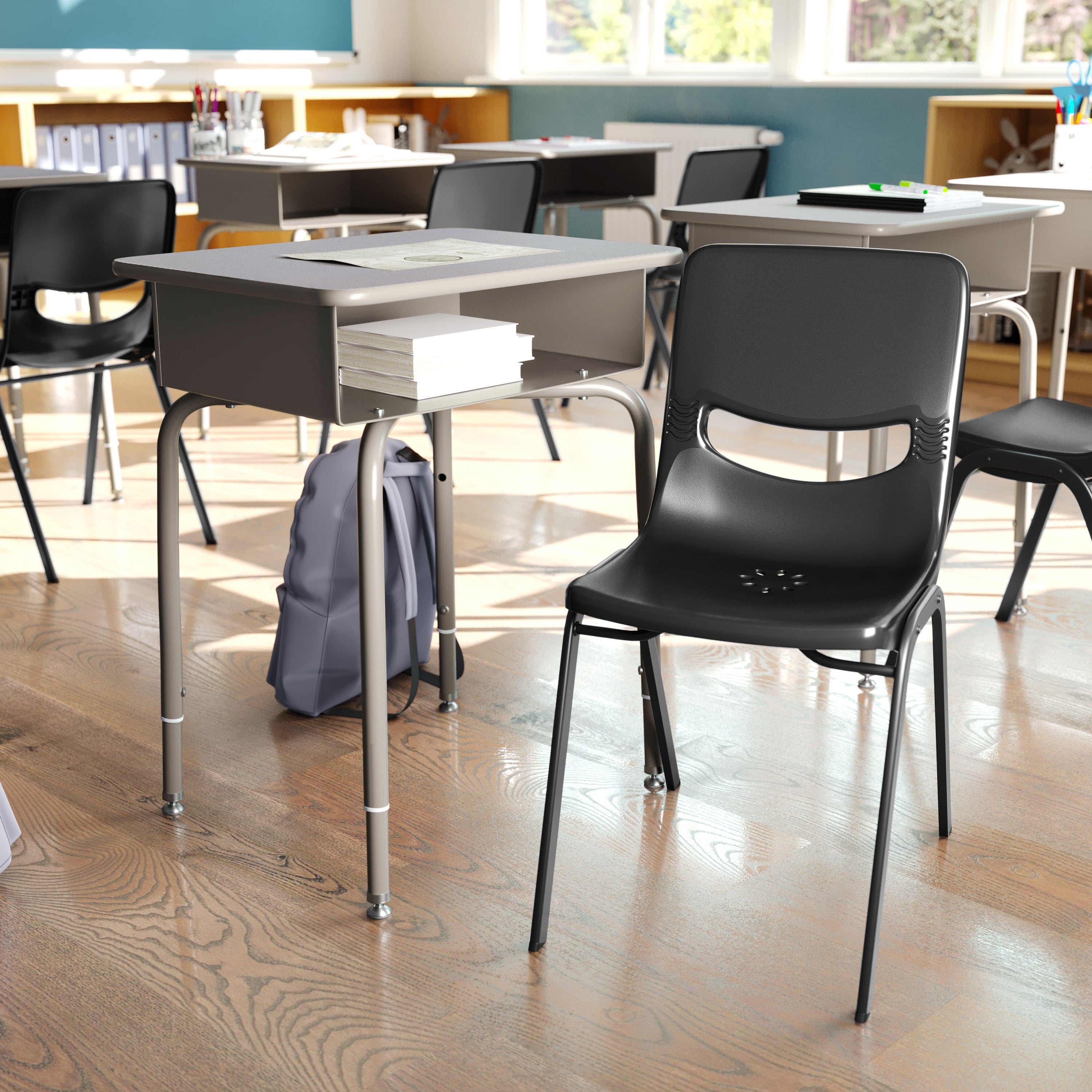 HERCULES Student Desk with Open Front Metal Book Box, Gray Granite Desktop, and Silver Frame and Black Heavy-Duty Flex Comfort Classroom Stack Chair