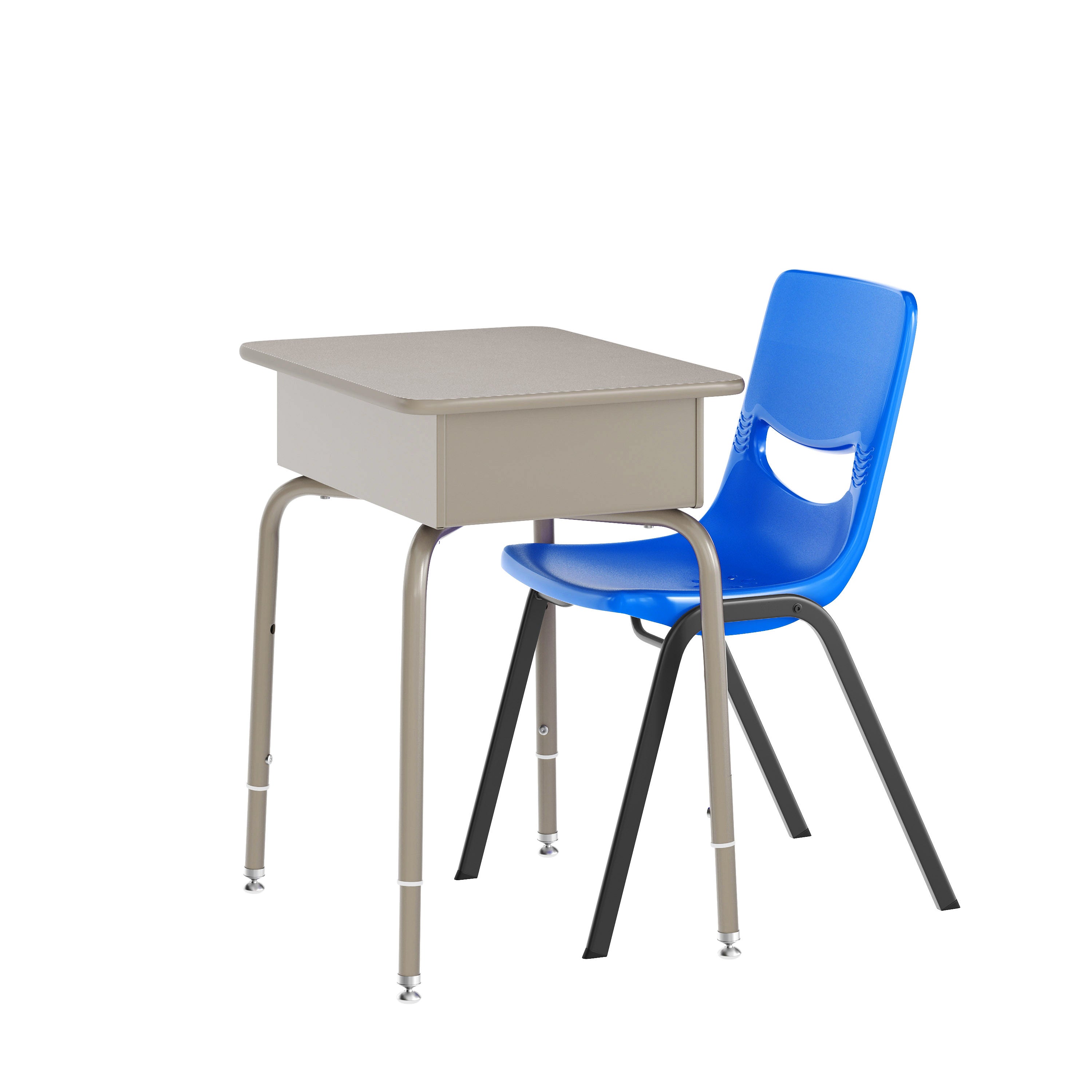 HERCULES Student Desk with Open Front Metal Book Box, Gray Granite Desktop, and Silver Frame and Navy Heavy-Duty Flex Comfort Classroom Stack Chair