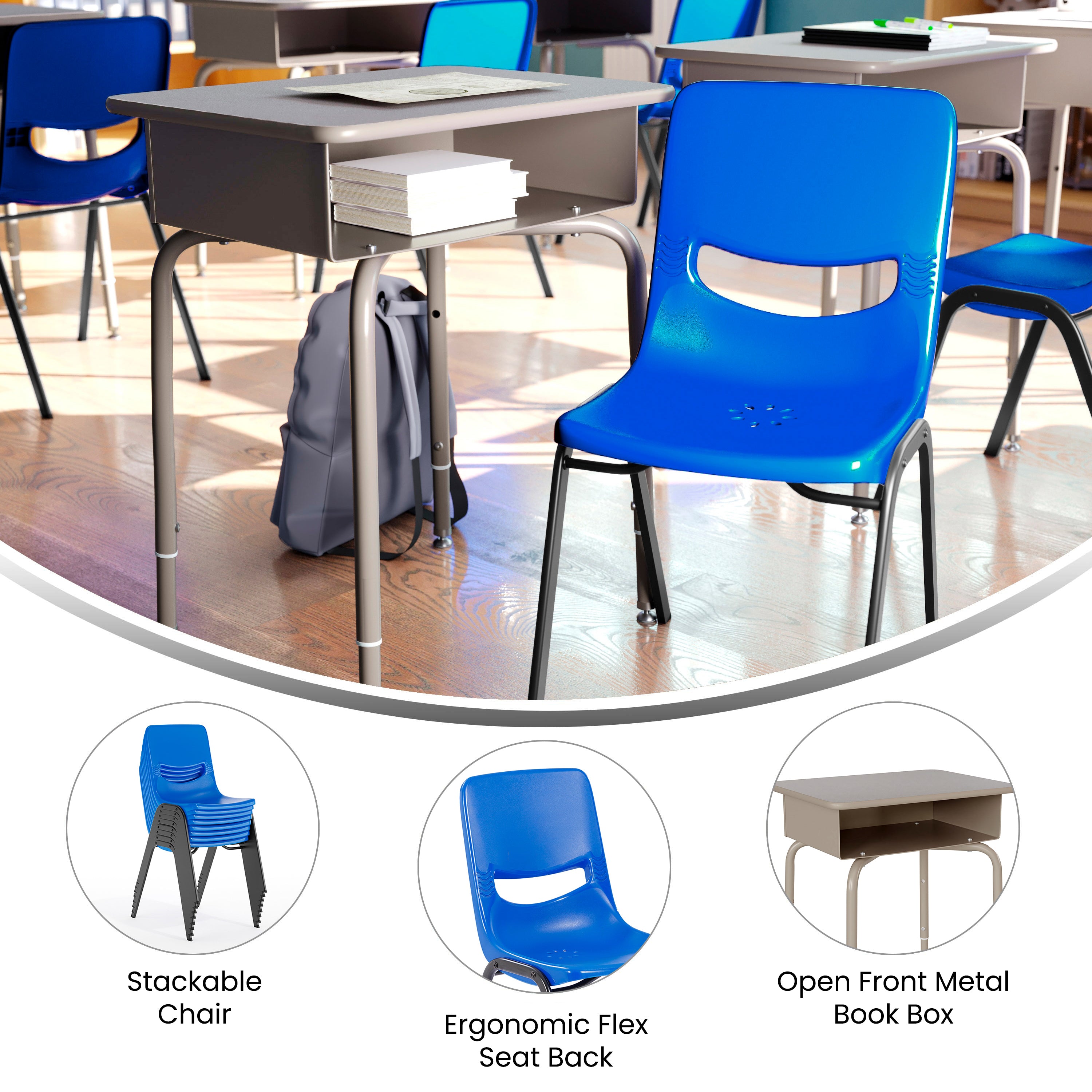 HERCULES Student Desk with Open Front Metal Book Box, Gray Granite Desktop, and Silver Frame and Navy Heavy-Duty Flex Comfort Classroom Stack Chair