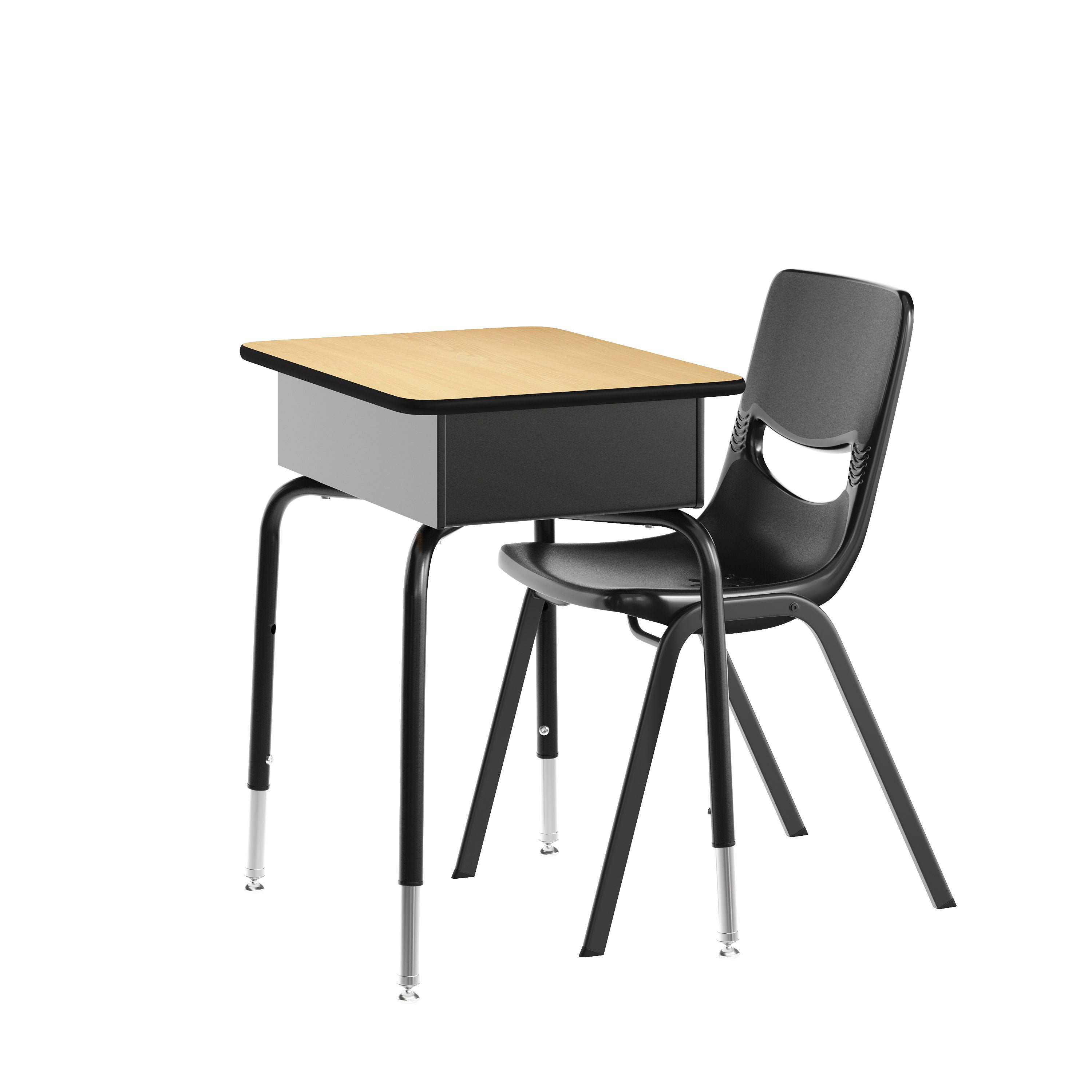 HERCULES Student Desk with Open Front Metal Book Box, Natural Desktop, and Black Frame and Black Heavy-Duty Flex Comfort Classroom Stack Chair