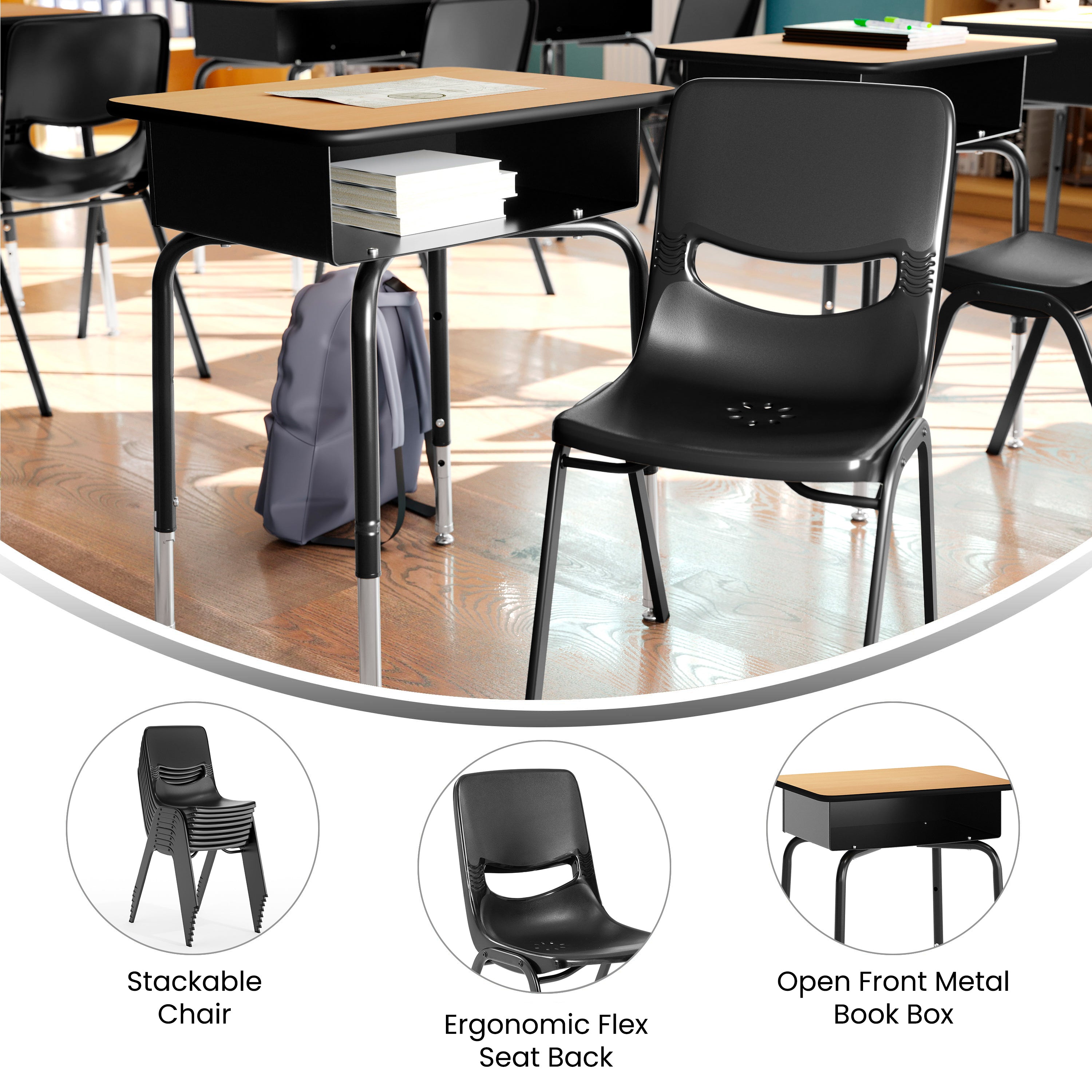 HERCULES Student Desk with Open Front Metal Book Box, Natural Desktop, and Black Frame and Black Heavy-Duty Flex Comfort Classroom Stack Chair
