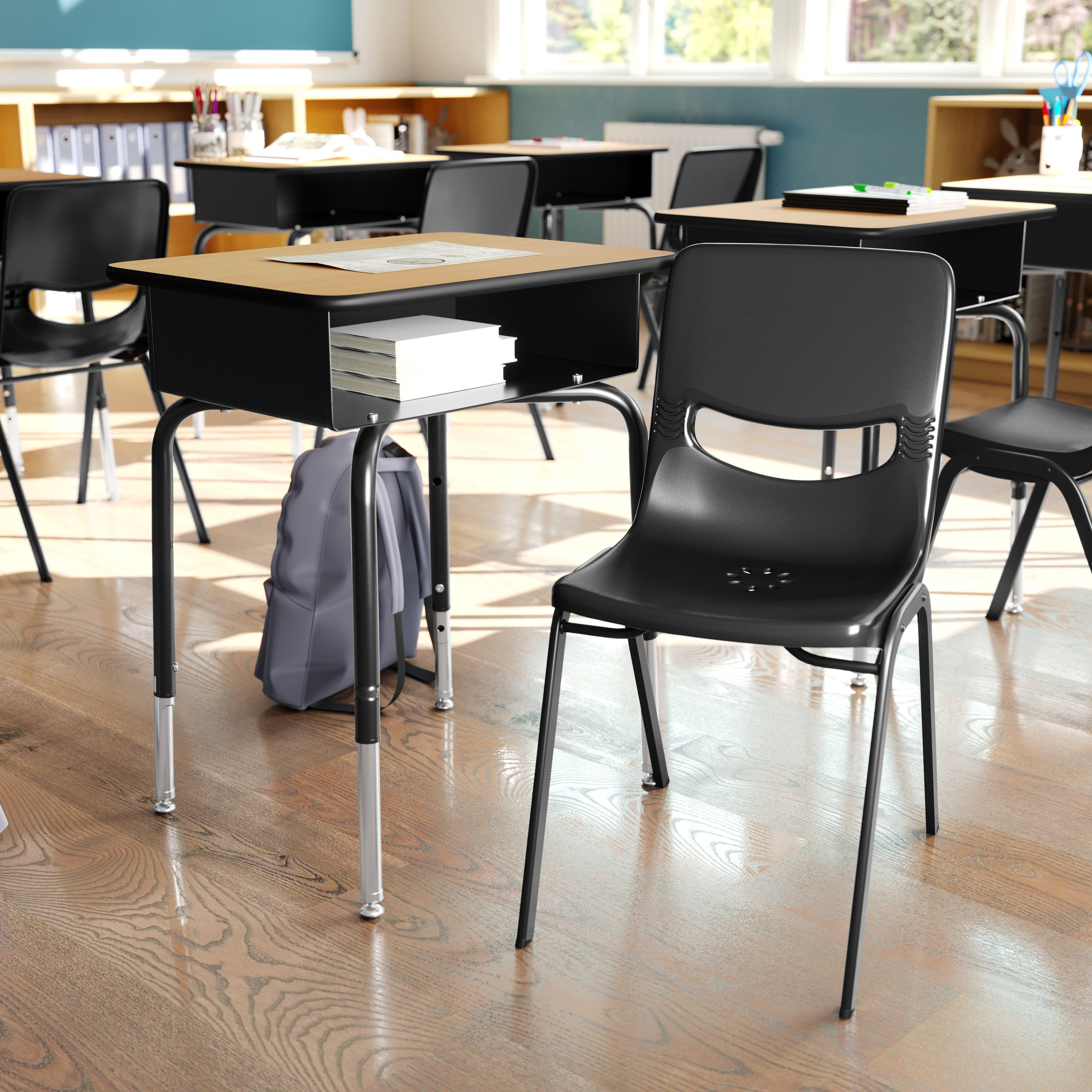 HERCULES Student Desk with Open Front Metal Book Box, Natural Desktop, and Black Frame and Black Heavy-Duty Flex Comfort Classroom Stack Chair