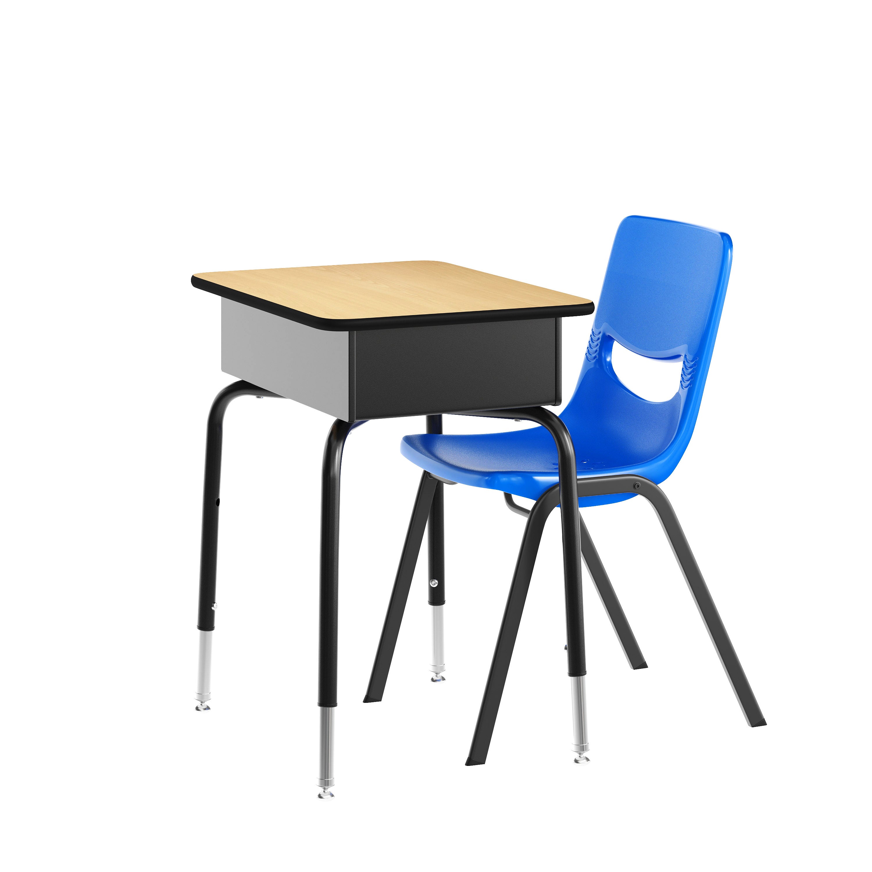 HERCULES Student Desk with Open Front Metal Book Box, Natural Desktop, and Black Frame and Navy Heavy-Duty Flex Comfort Classroom Stack Chair