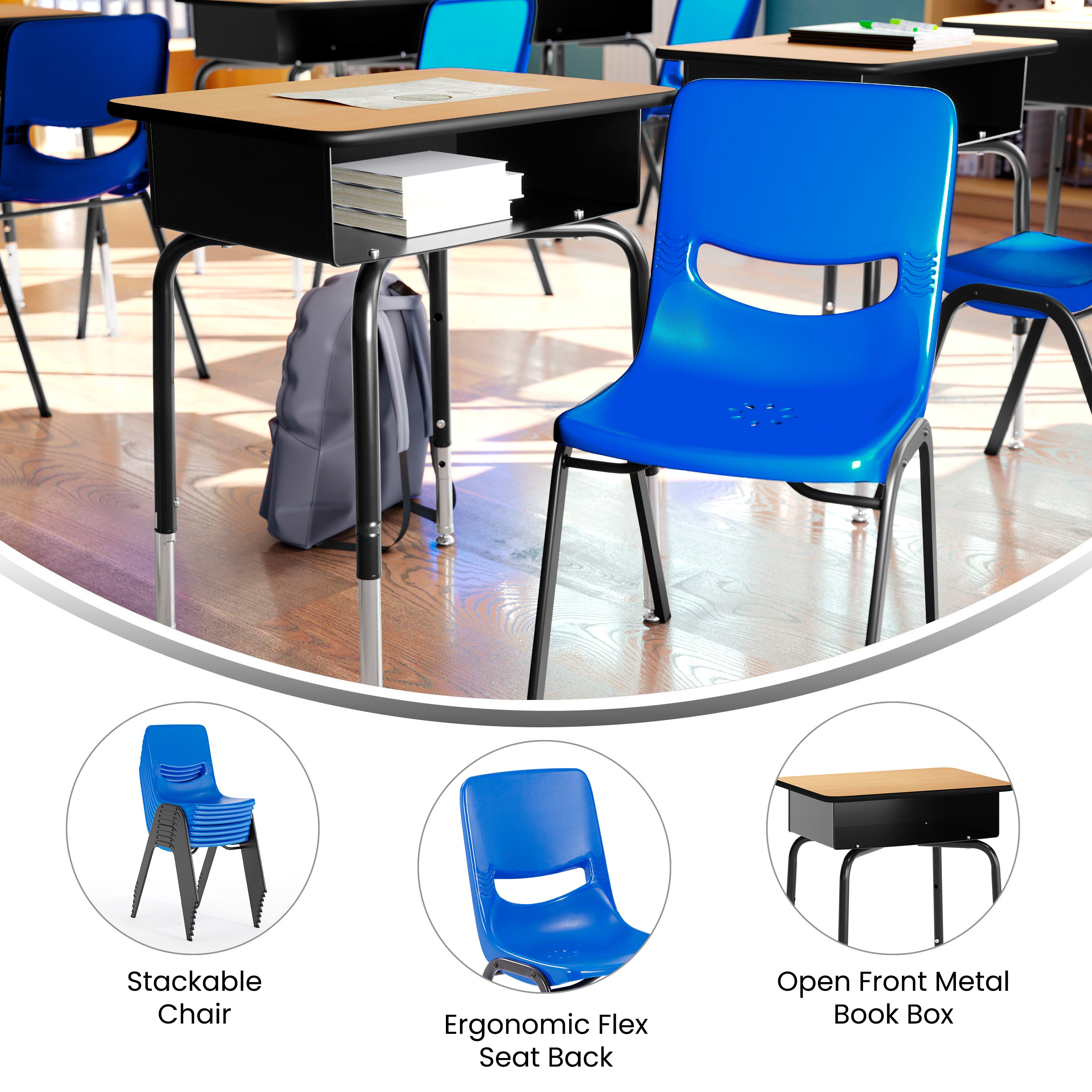 HERCULES Student Desk with Open Front Metal Book Box, Natural Desktop, and Black Frame and Navy Heavy-Duty Flex Comfort Classroom Stack Chair
