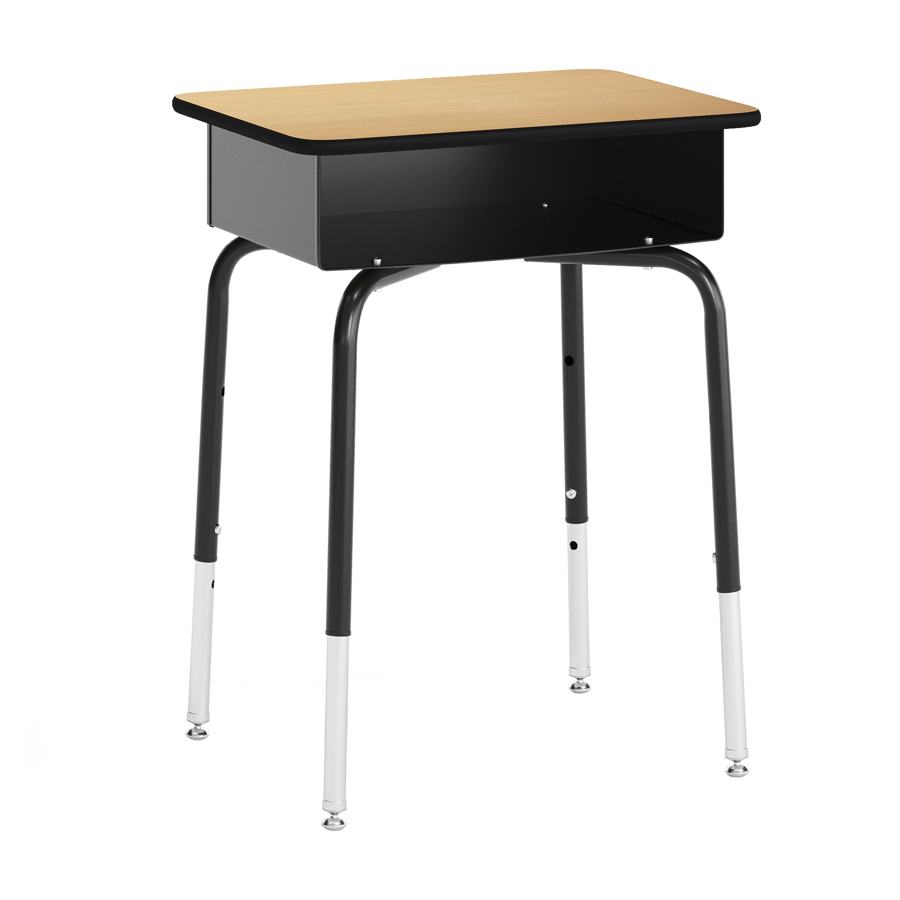 HERCULES Student Desk with Open Front Metal Book Box, Natural Desktop, and Black Frame and Navy Heavy-Duty Flex Comfort Classroom Stack Chair