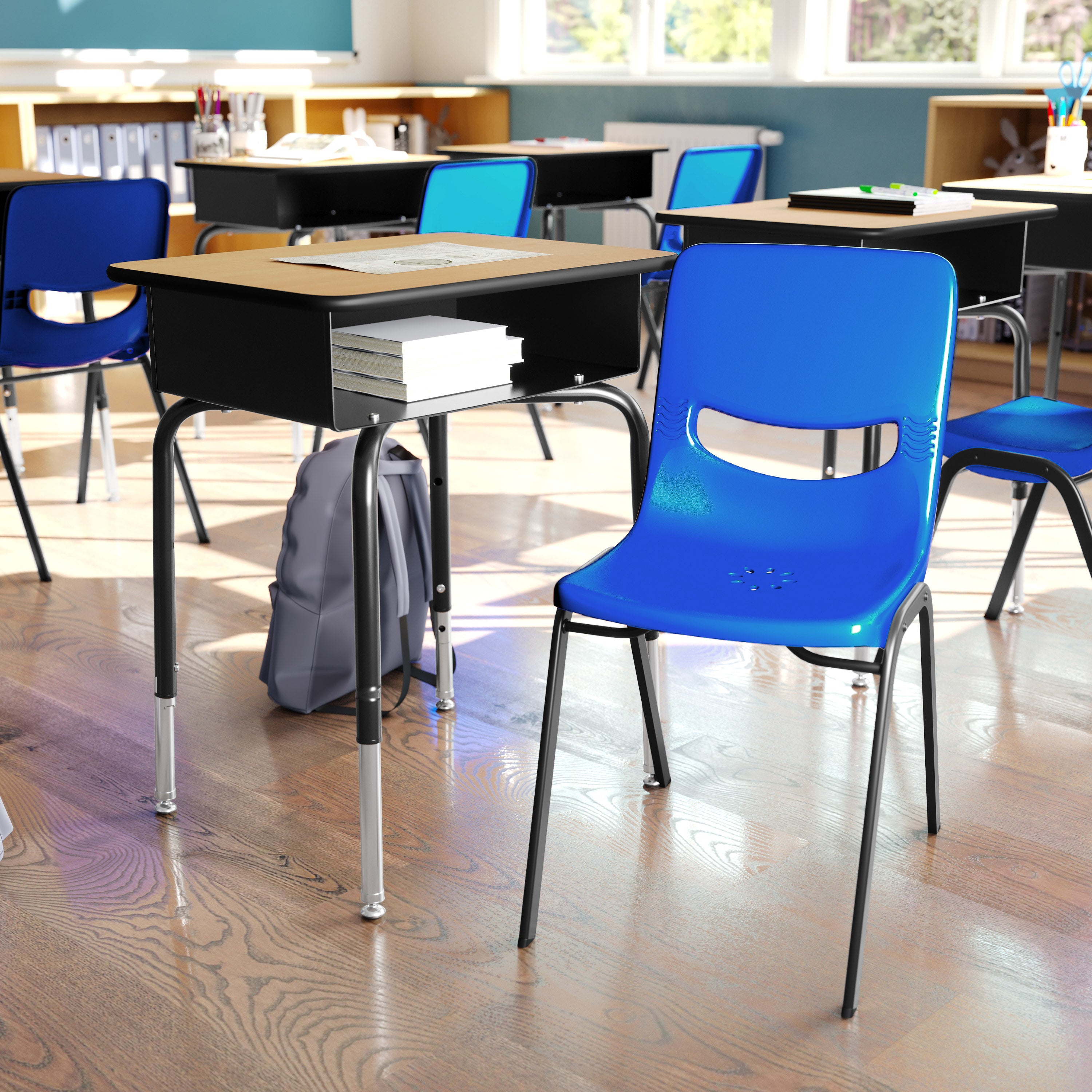 HERCULES Student Desk with Open Front Metal Book Box, Natural Desktop, and Black Frame and Navy Heavy-Duty Flex Comfort Classroom Stack Chair