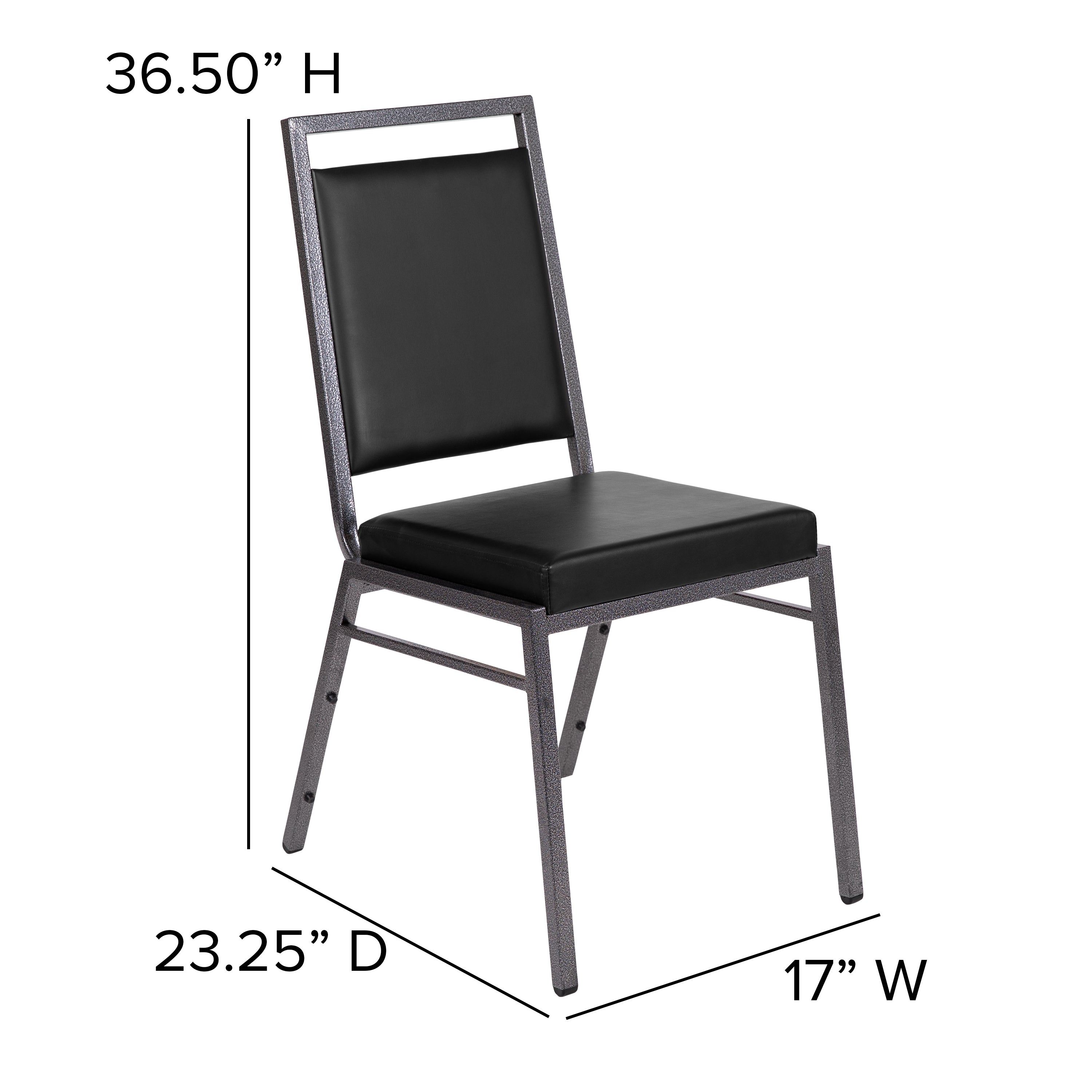 HERCULES Series Square Back Stacking Banquet Chair in Black Vinyl with Silvervein Frame