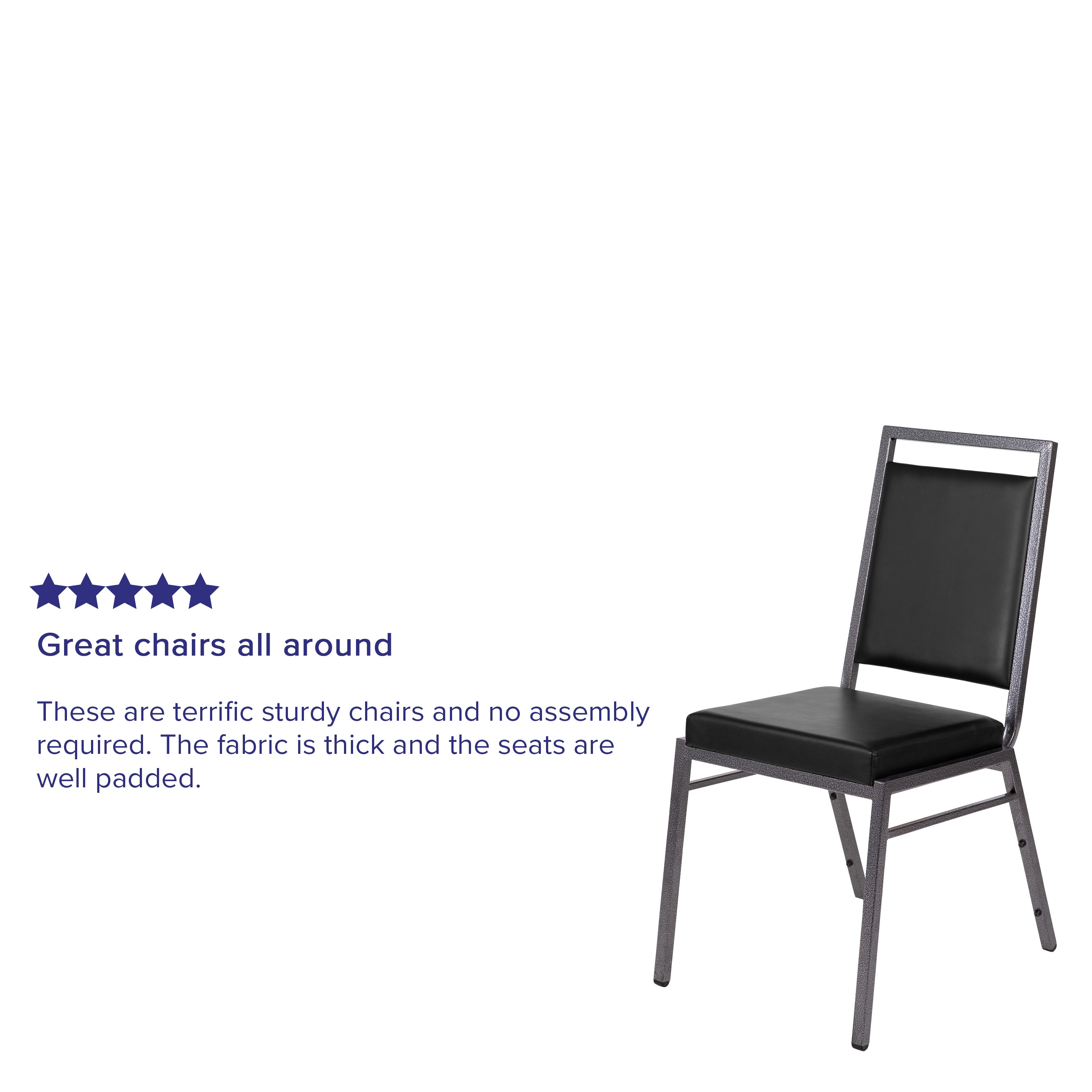 HERCULES Series Square Back Stacking Banquet Chair in Black Vinyl with Silvervein Frame