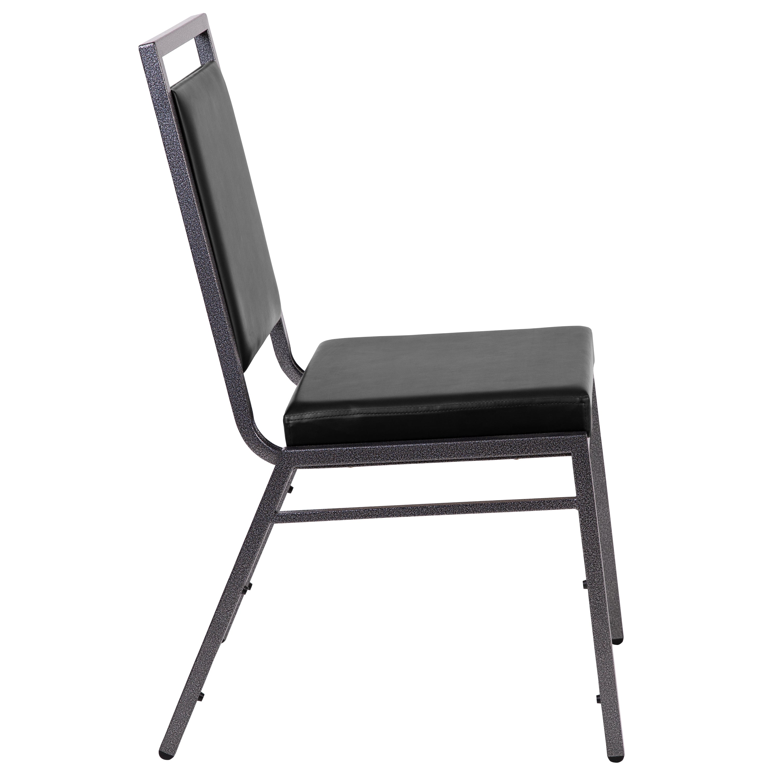 HERCULES Series Square Back Stacking Banquet Chair in Black Vinyl with Silvervein Frame
