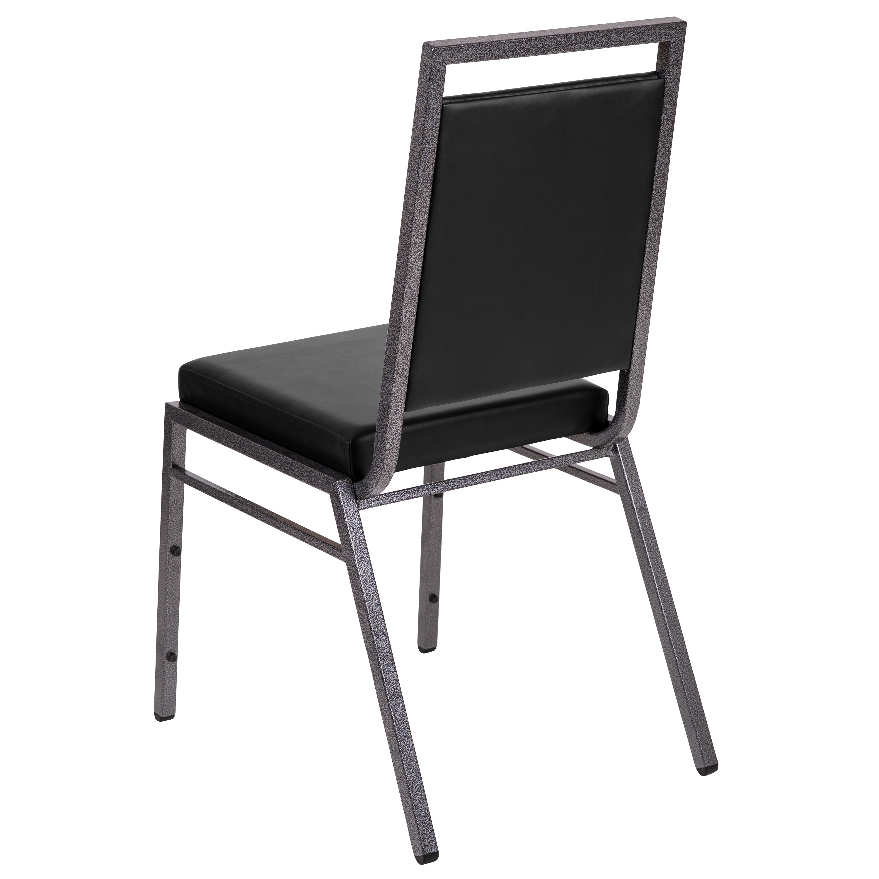 HERCULES Series Square Back Stacking Banquet Chair in Black Vinyl with Silvervein Frame