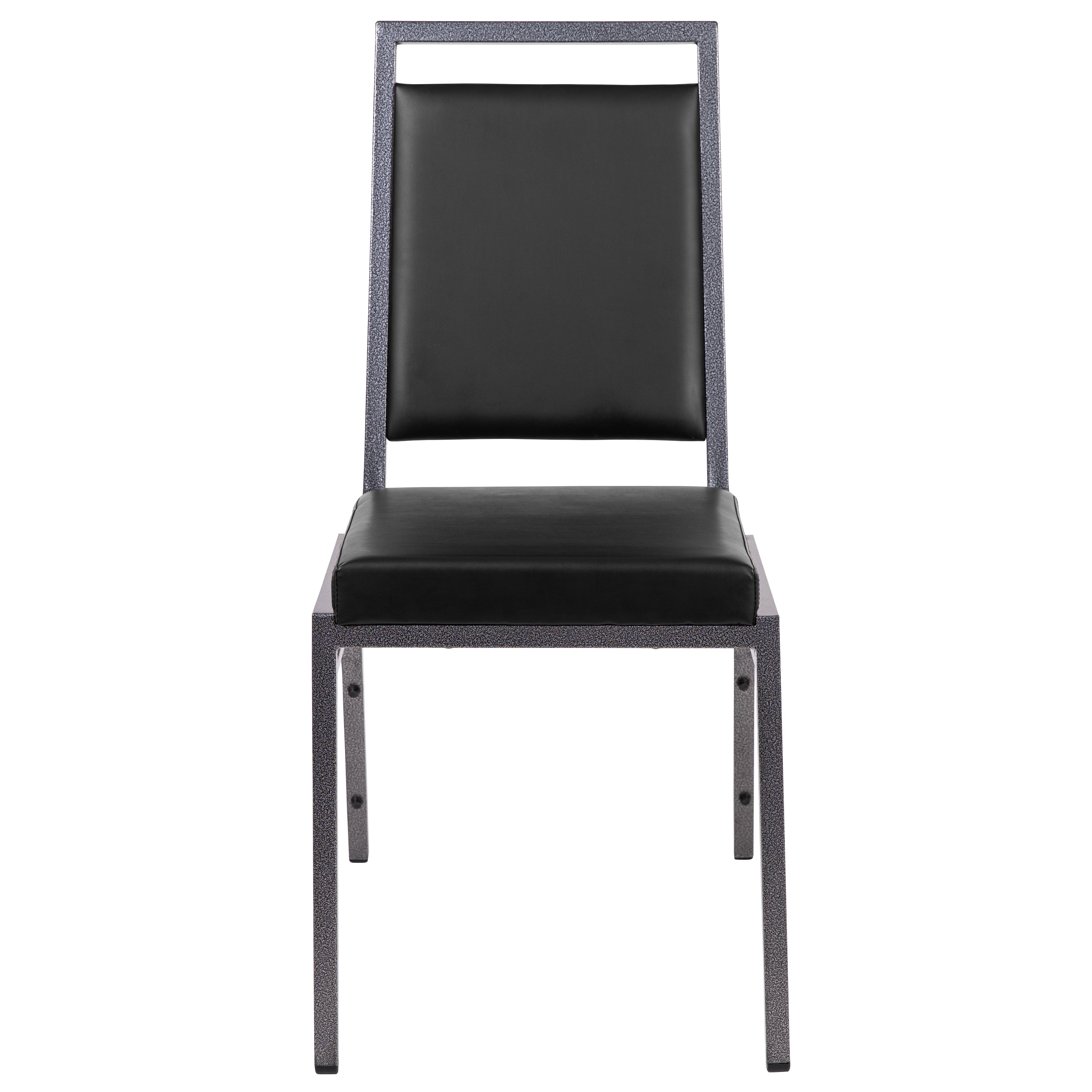 HERCULES Series Square Back Stacking Banquet Chair in Black Vinyl with Silvervein Frame