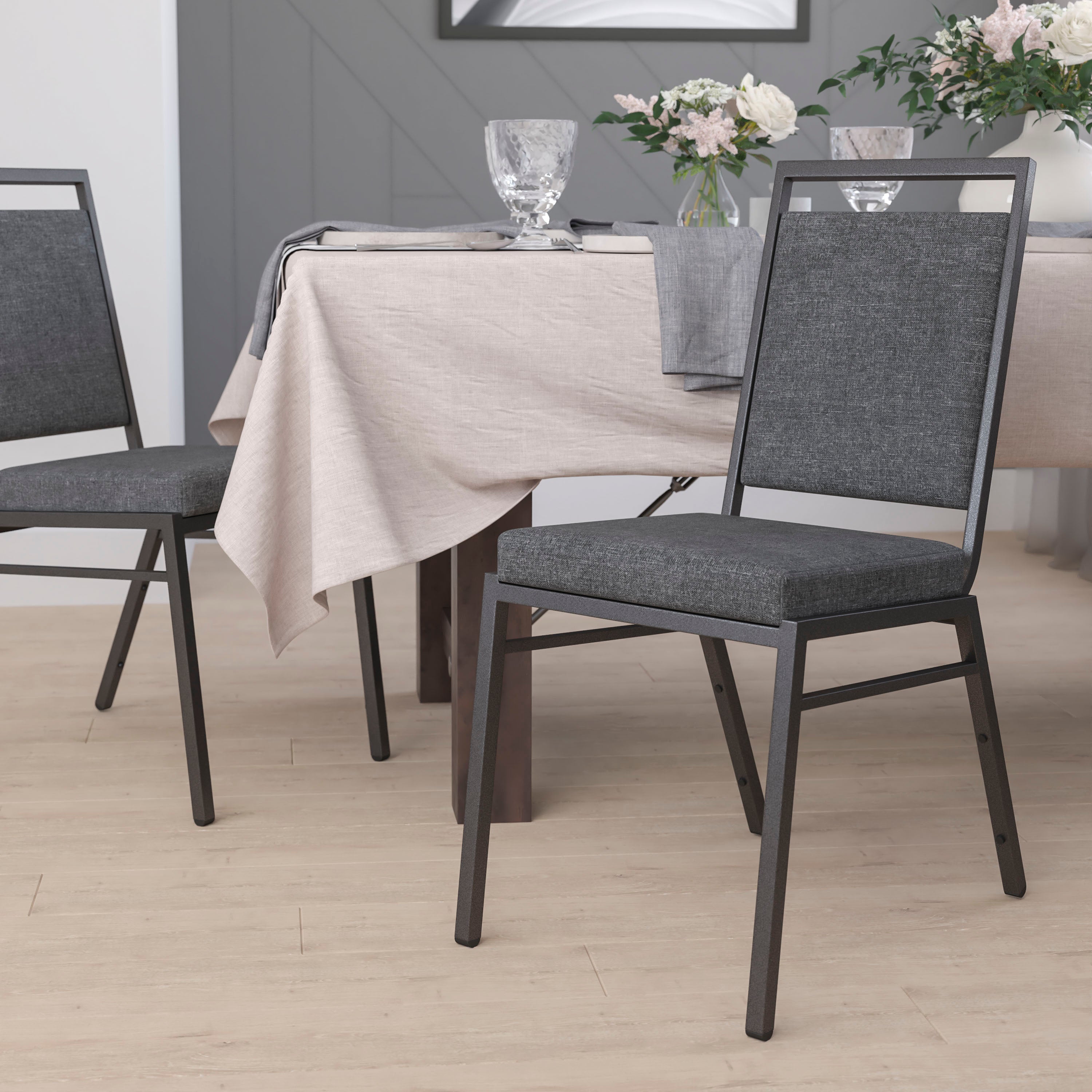 HERCULES Series Square Back Stacking Banquet Chair in Dark Gray Fabric with Silvervein Frame