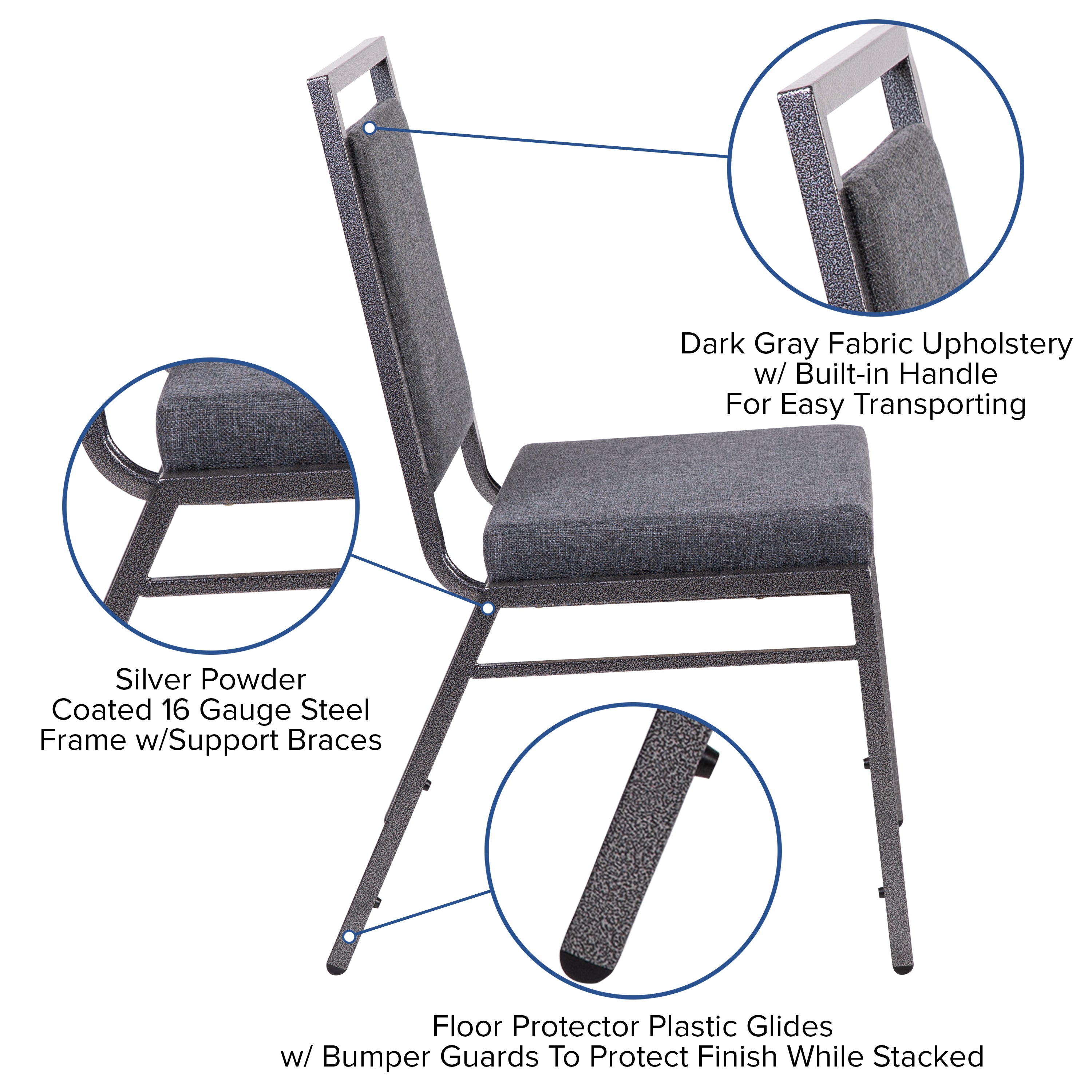 HERCULES Series Square Back Stacking Banquet Chair in Dark Gray Fabric with Silvervein Frame
