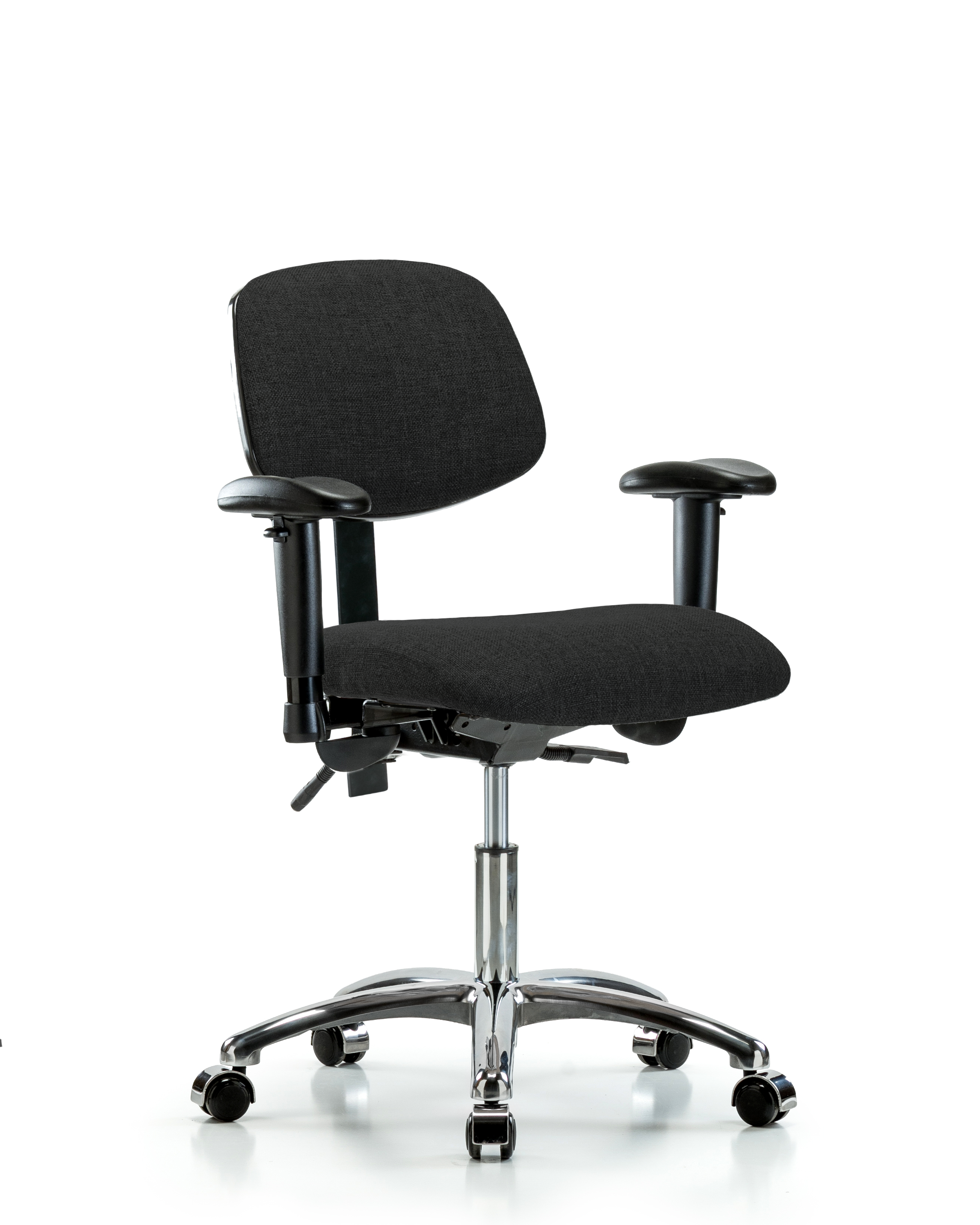 Rutledge Fabric Chair Chrome - Desk Height with Adjustable Arms & Casters in Black Fabric