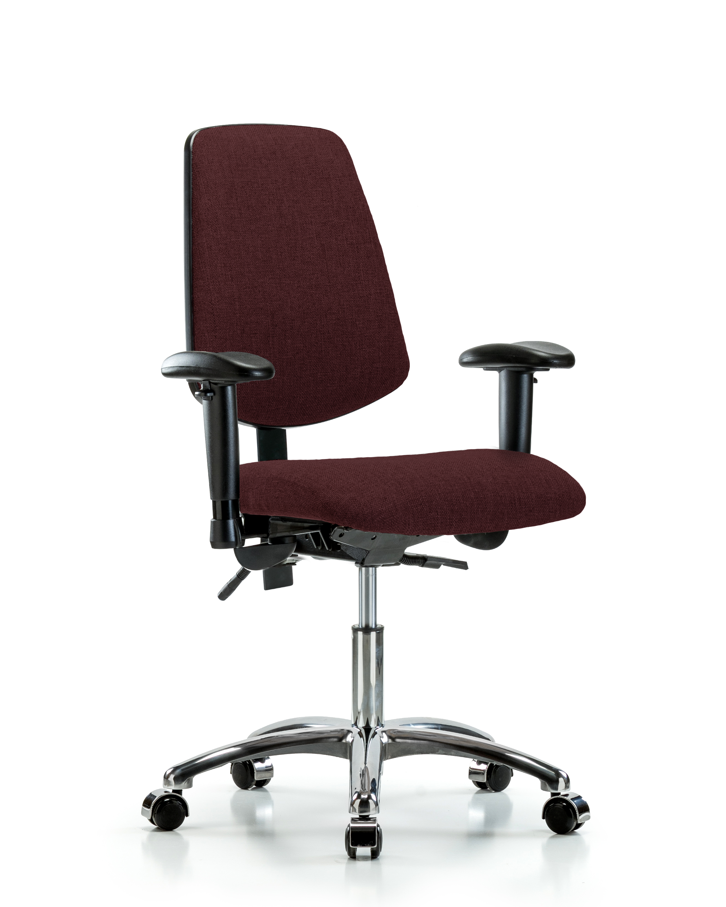 Rutledge Fabric Chair Chrome - Desk Height with Medium Back, Seat Tilt, Adjustable Arms, & Casters in Burgundy Fabric