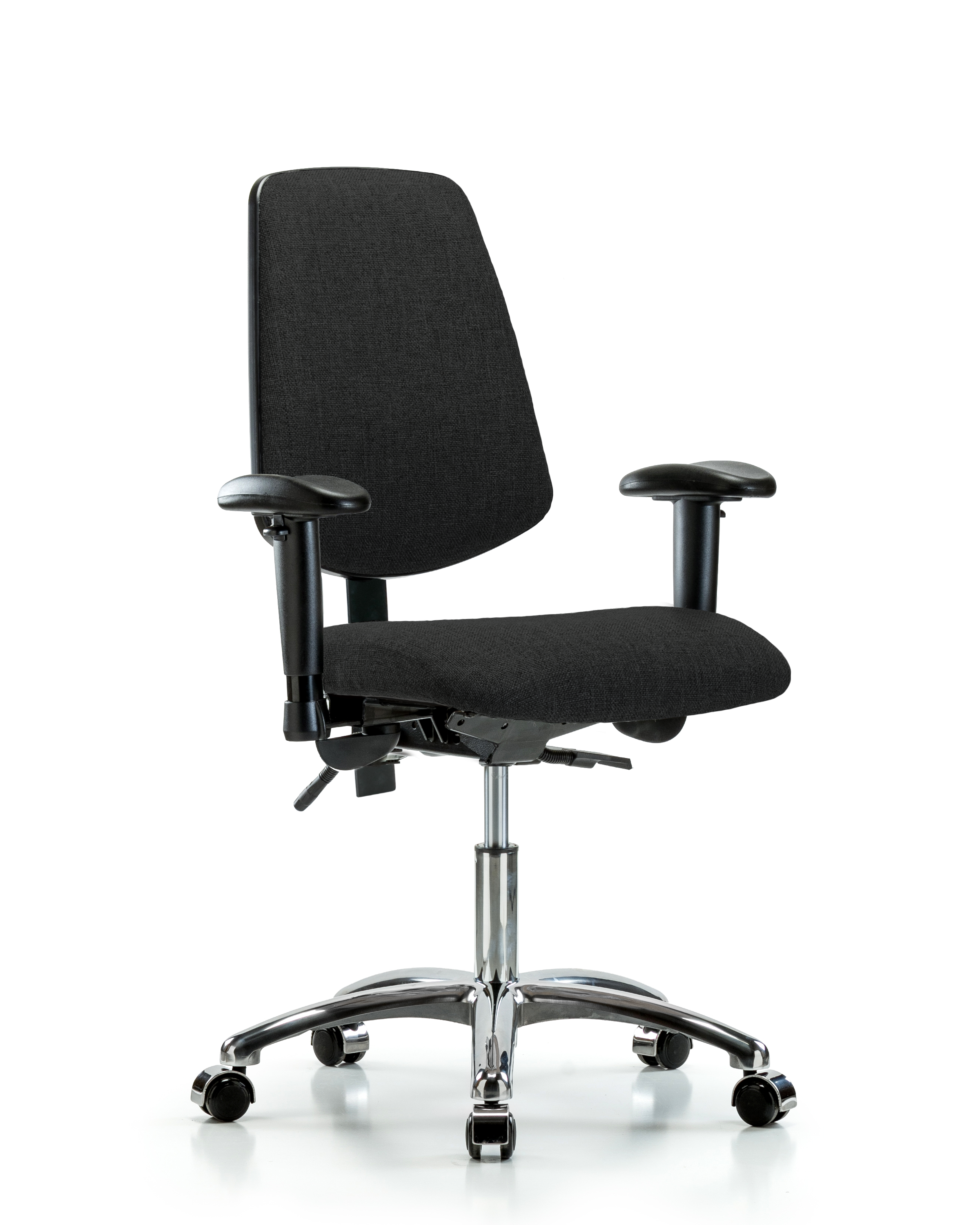 Rutledge Fabric Chair Chrome - Desk Height with Medium Back, Seat Tilt, Adjustable Arms, & Casters in Black Fabric