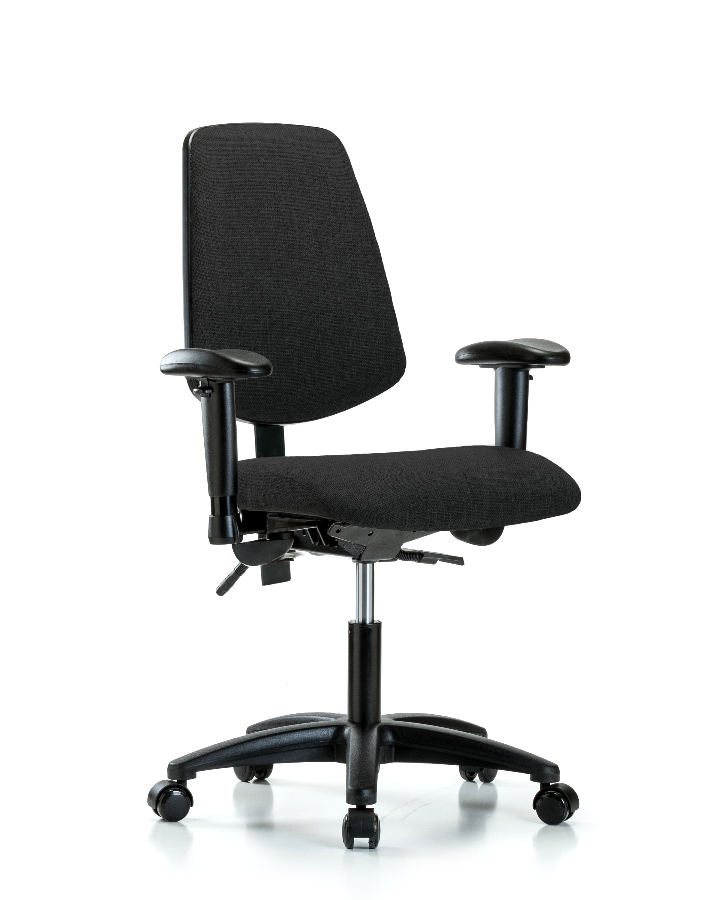 Rutledge Fabric Chair - Desk Height with Medium Back, Seat Tilt, Adjustable Arms, & Casters in Black Fabric