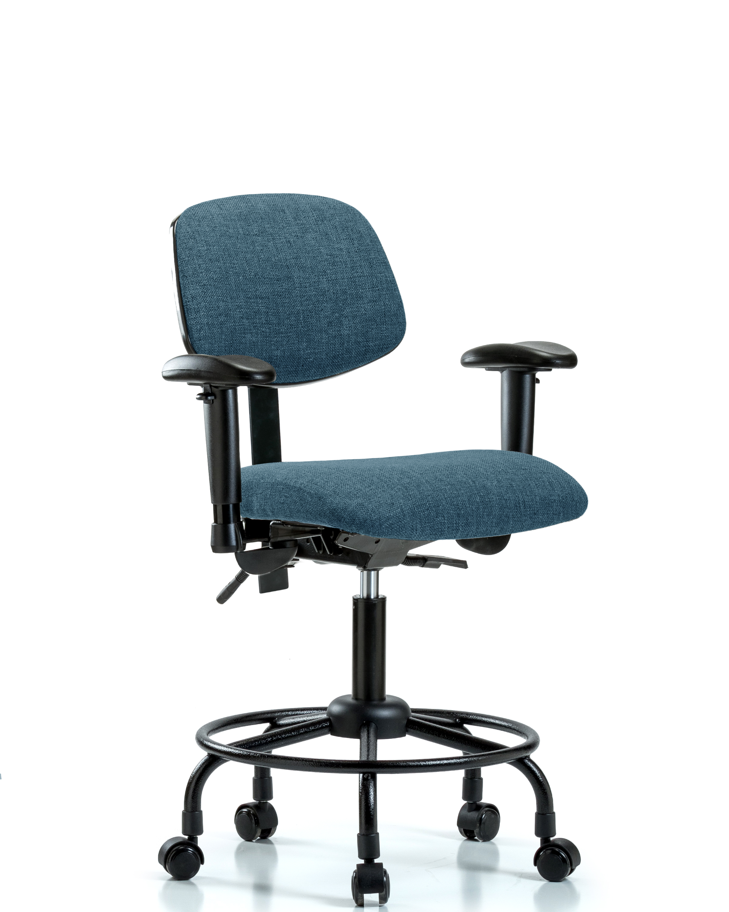 Rutledge Fabric Chair - Desk Height with Round Tube Base, Adjustable Arms, & Casters in Blue Fabric