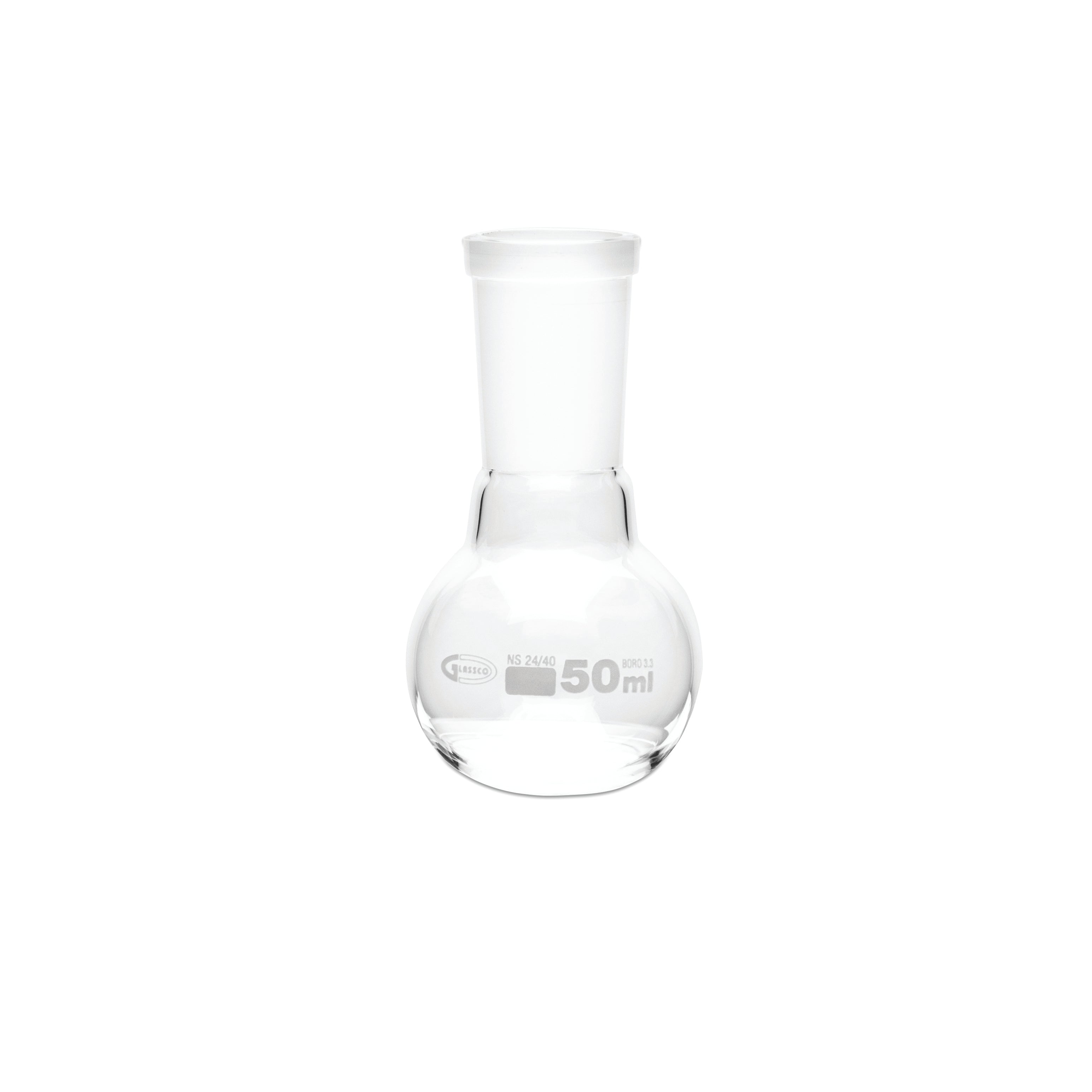 United Scientific® Boiling Flask, Flat Bottom, Ground Joints, 50 mL, comes with 6