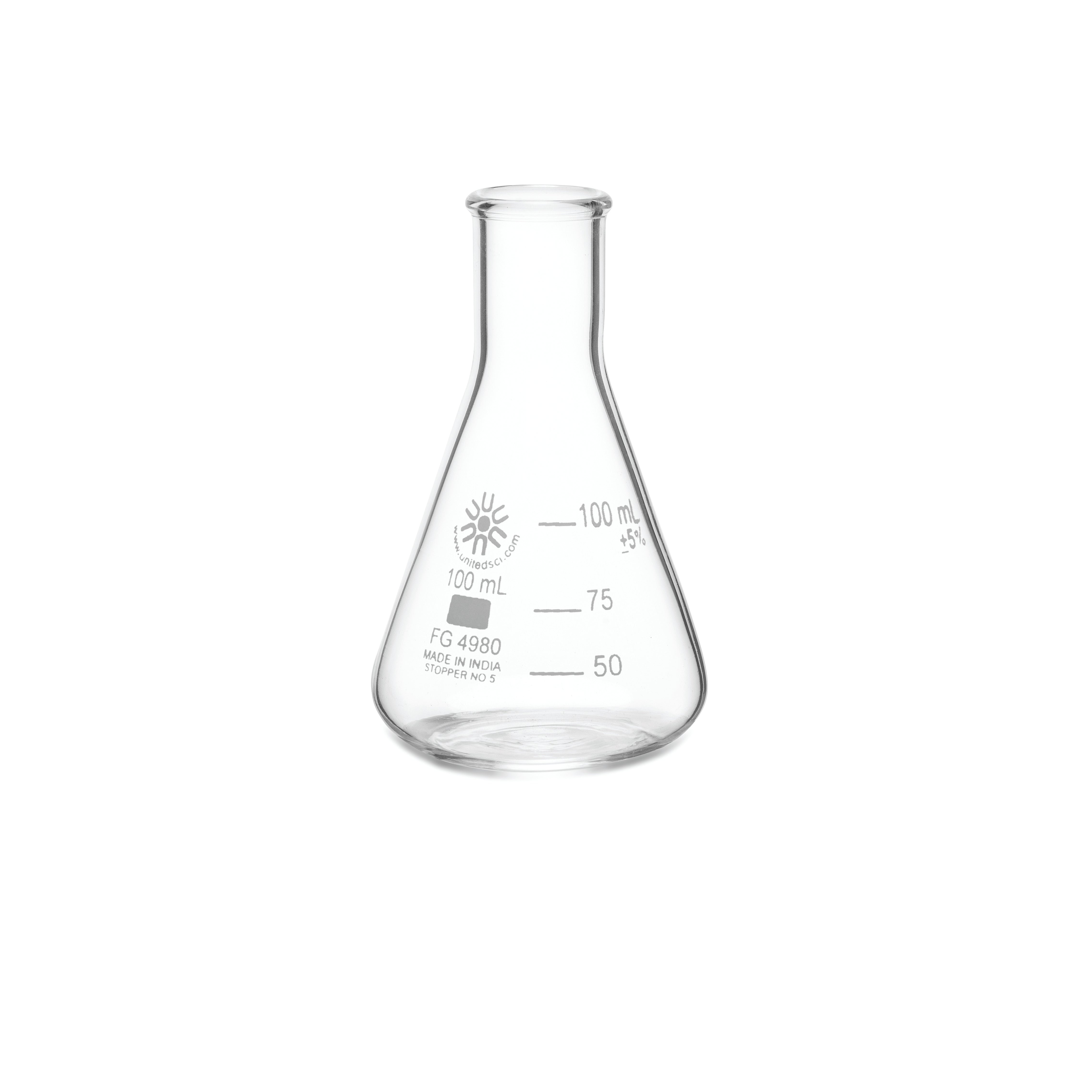 United Scientific® Erlenmeyer Flask, Narrow Mouth, Borosilicate Glass, 100 mL, comes with 12