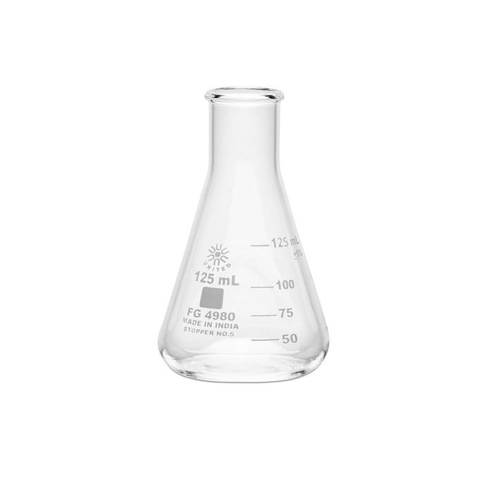 United Scientific® Erlenmeyer Flask, Narrow Mouth, Borosilicate Glass, 125 mL, comes with 12