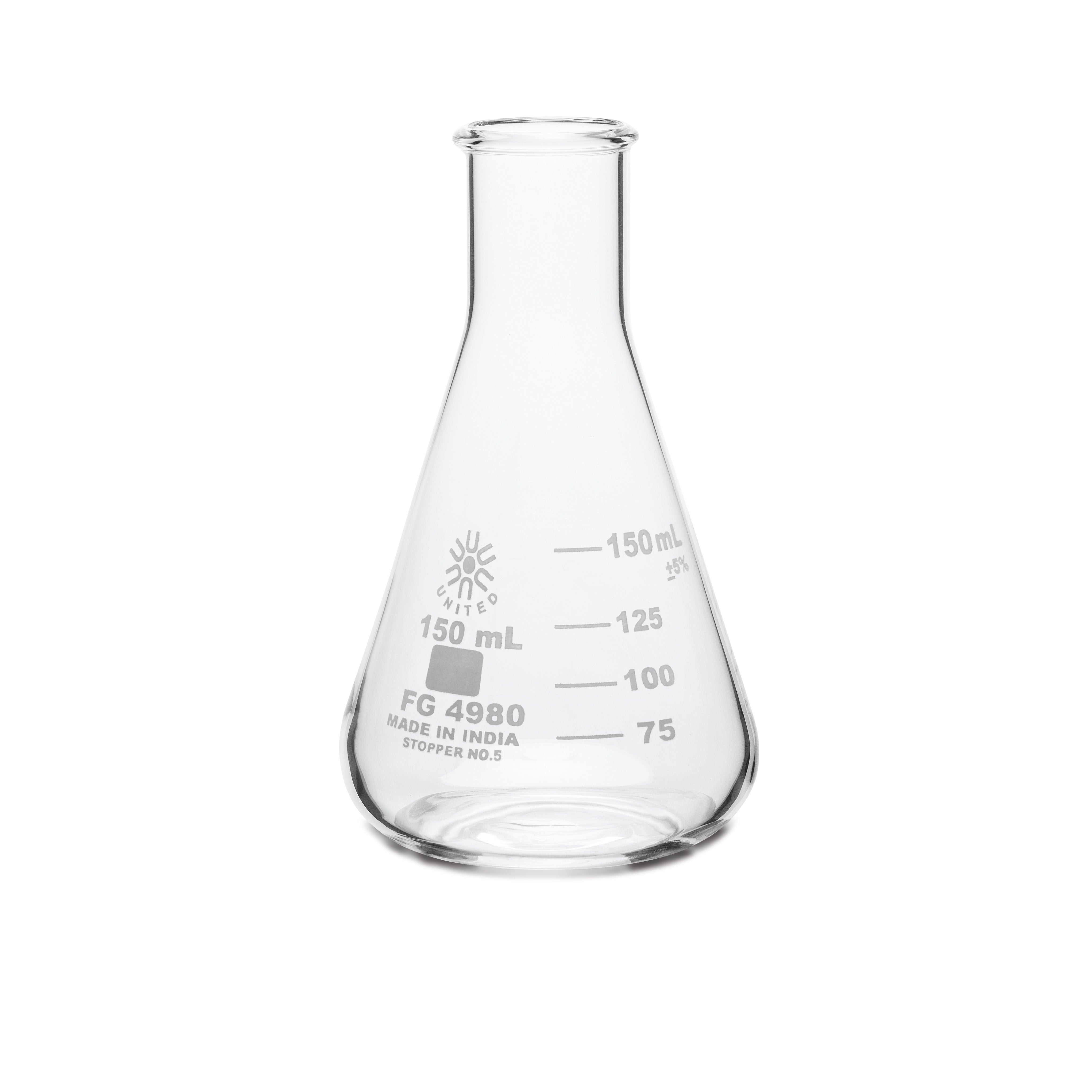 United Scientific® Erlenmeyer Flask, Narrow Mouth, Borosilicate Glass, 150 mL, comes with 6