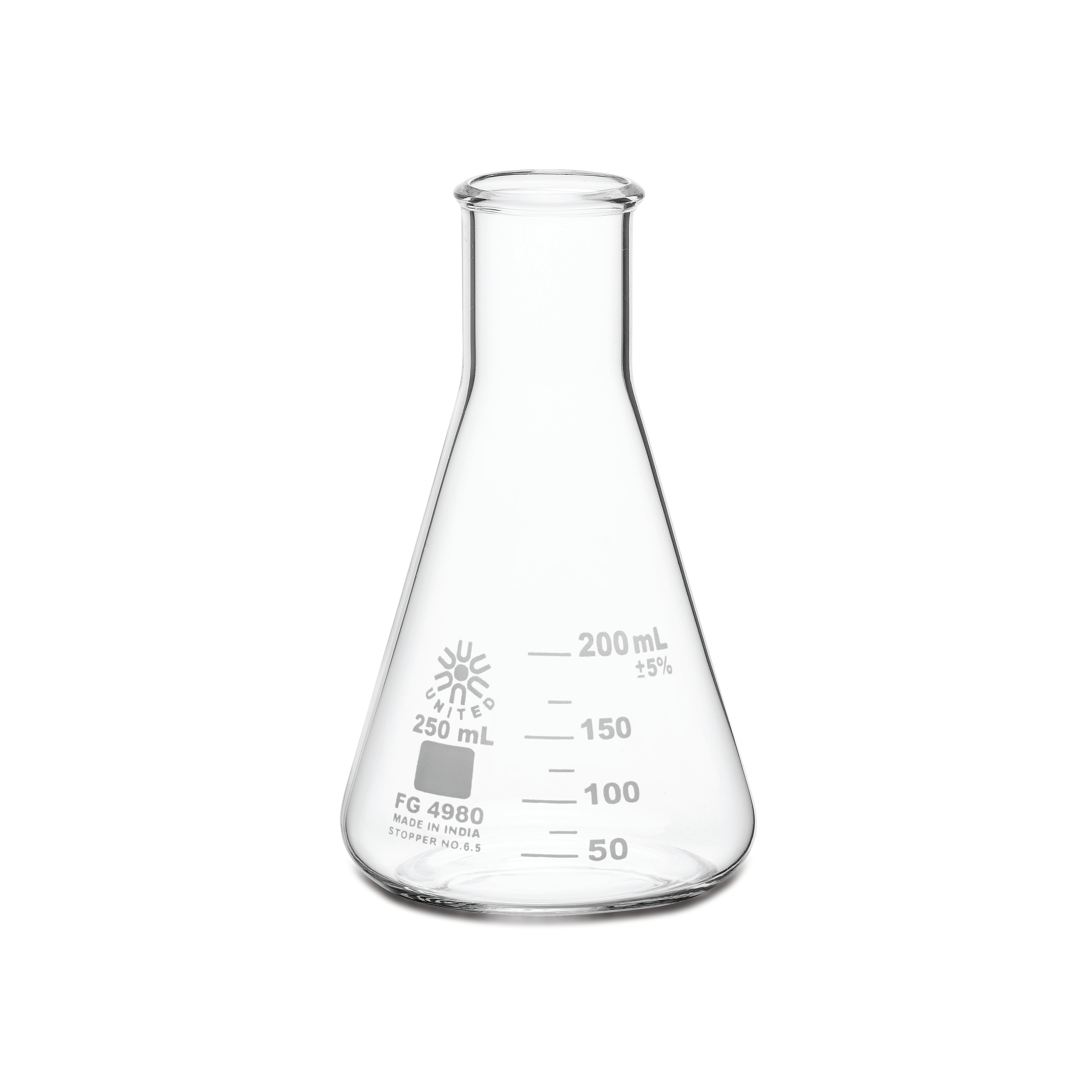 United Scientific® Erlenmeyer Flask, Narrow Mouth, Borosilicate Glass, 250 mL, comes with 12
