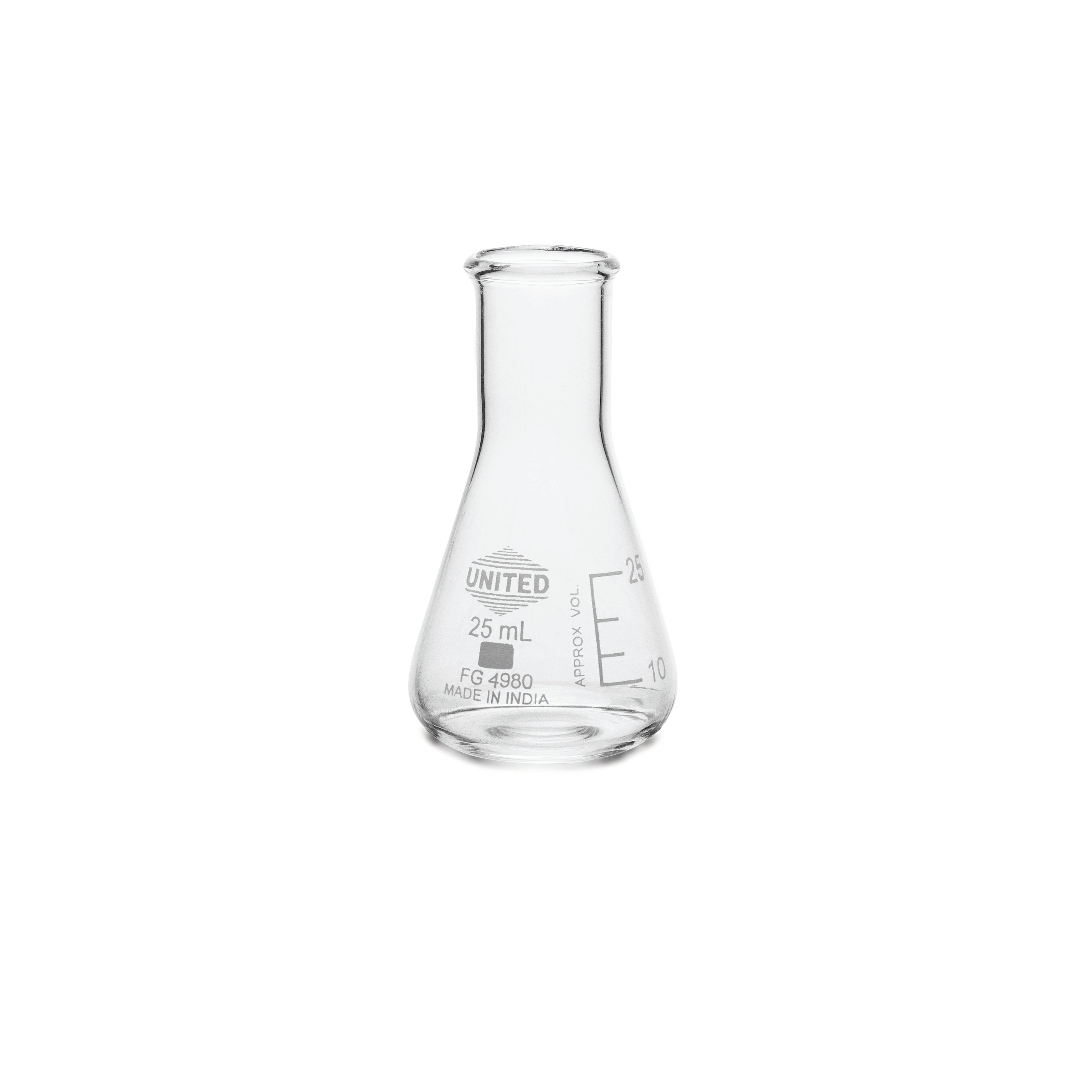 United Scientific® Erlenmeyer Flask, Narrow Mouth, Borosilicate Glass, 25 mL, comes with 12