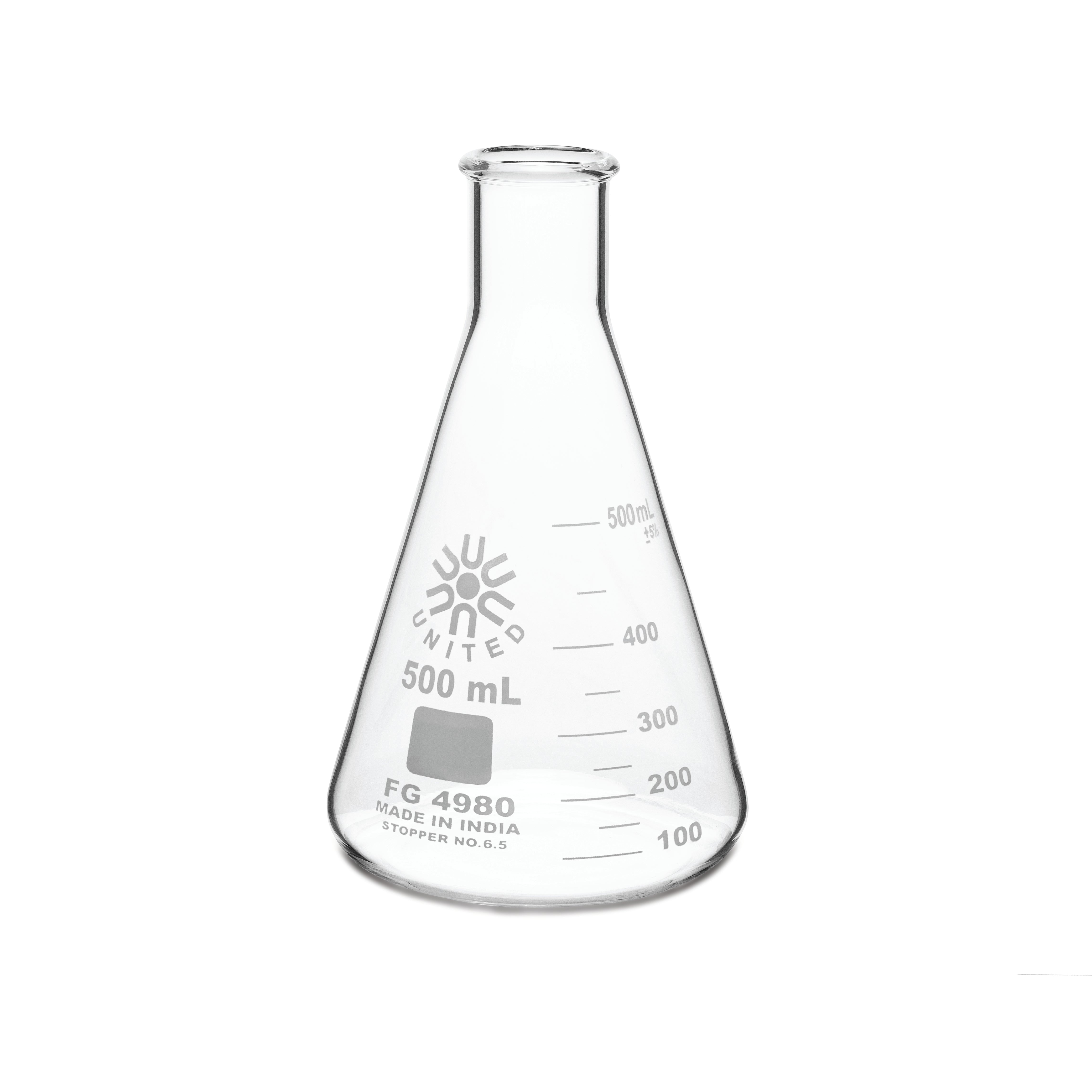 United Scientific® Erlenmeyer Flask, Narrow Mouth, Borosilicate Glass, 500 mL, comes with 6