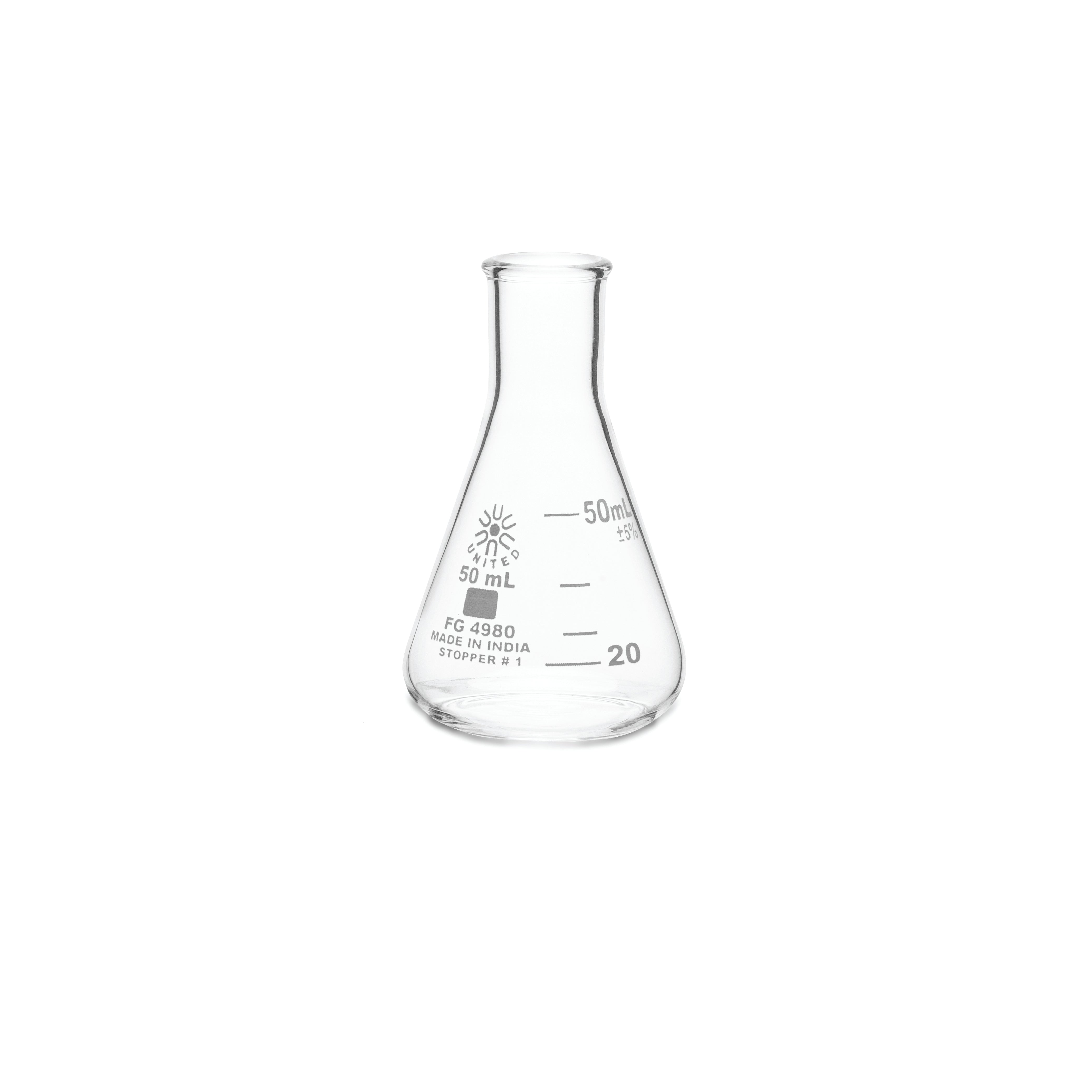 United Scientific® Erlenmeyer Flask, Narrow Mouth, Borosilicate Glass, 50 mL, comes with 12