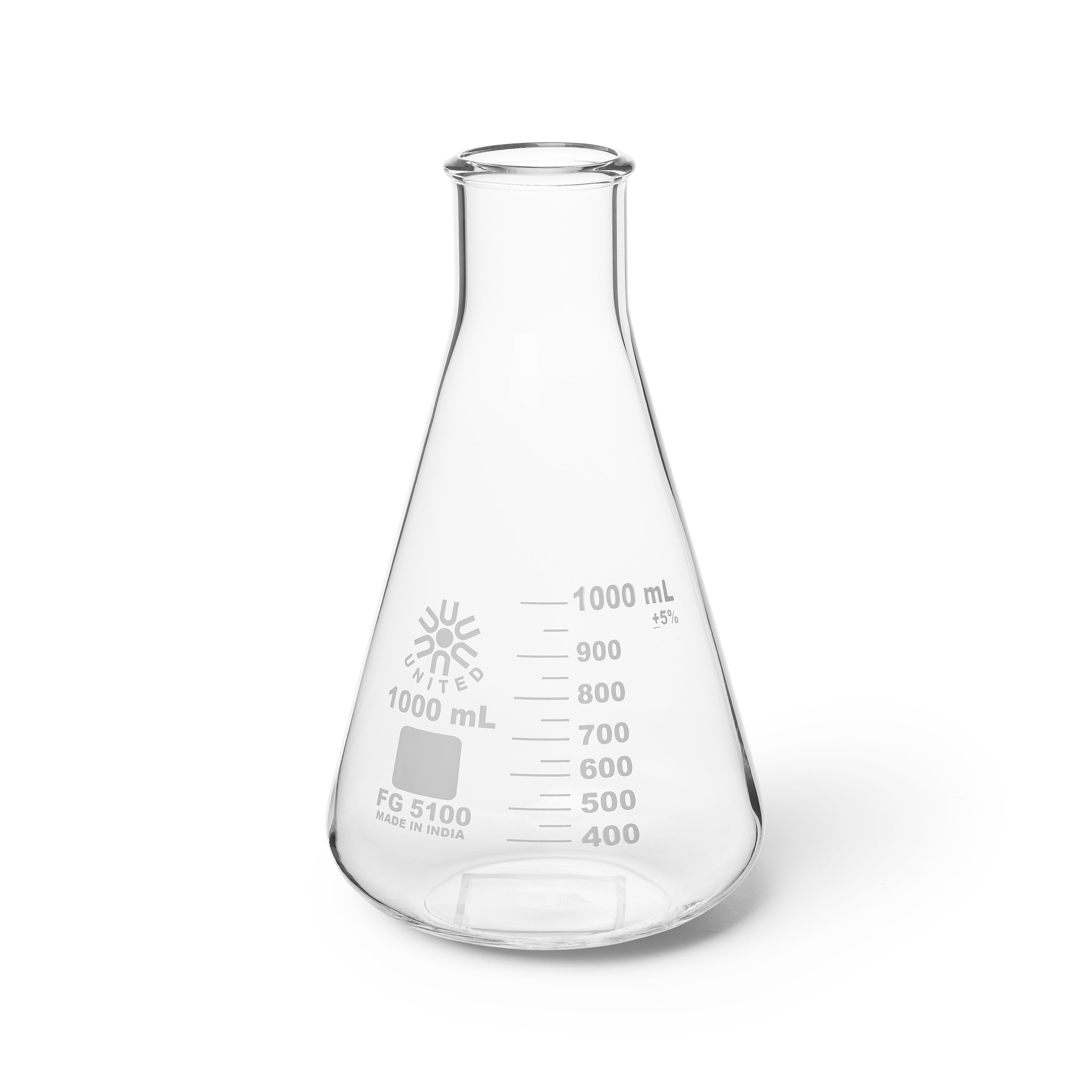 United Scientific® Erlenmeyer Flask, Wide Mouth, Borosilicate Glass, 1000 mL, comes with 6