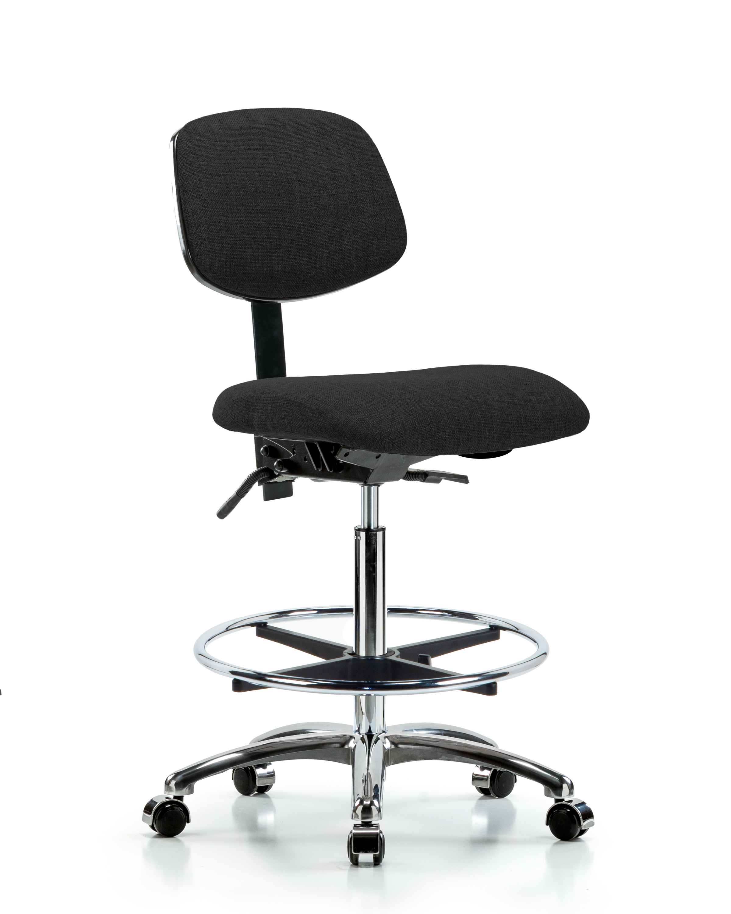 Rutledge Fabric Chair Chrome - High Bench Height with Chrome Foot Ring & Casters in Black Fabric