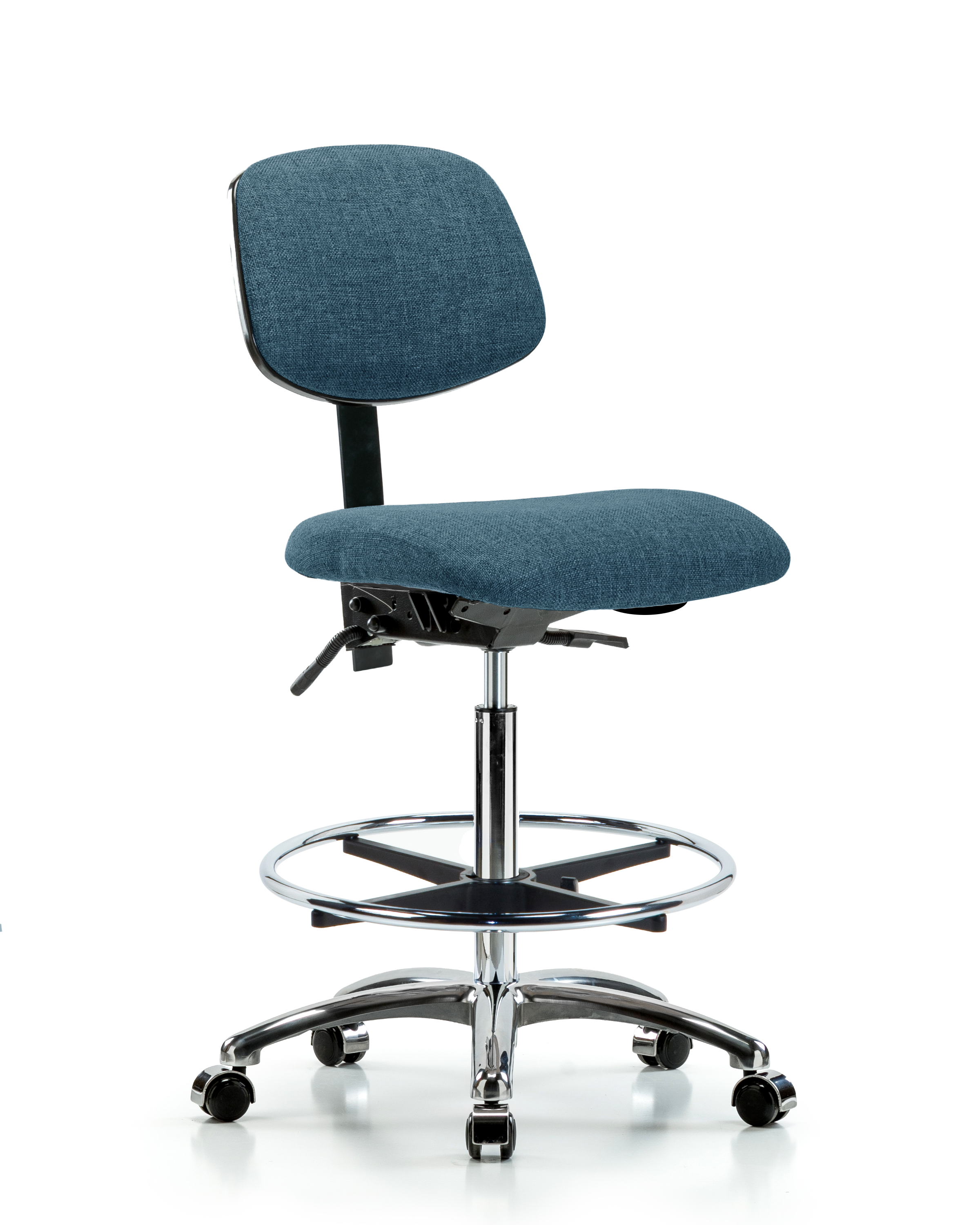 Rutledge Fabric Chair Chrome - High Bench Height with Chrome Foot Ring & Casters in Blue Fabric