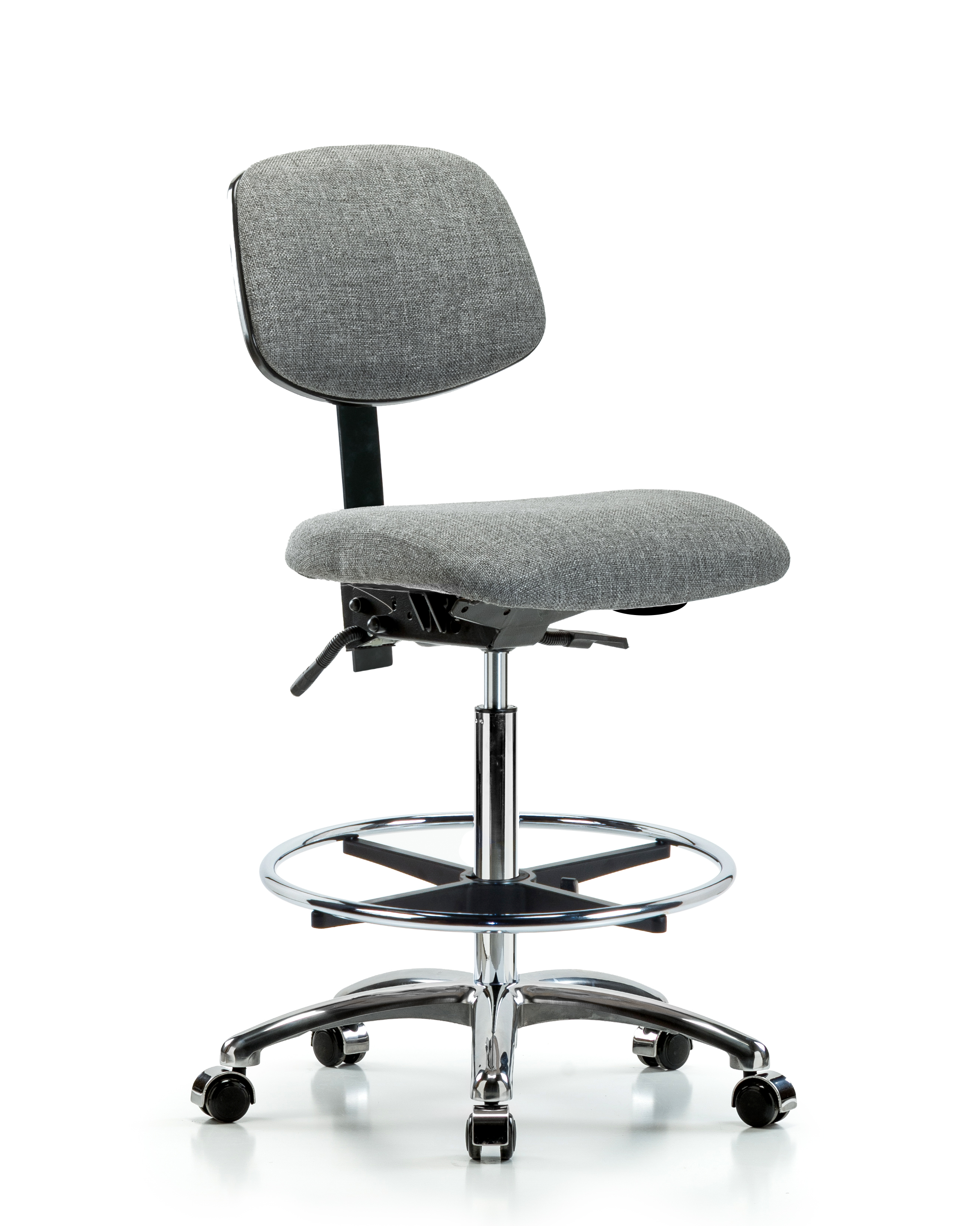 Rutledge Fabric Chair Chrome - High Bench Height with Chrome Foot Ring & Casters in Gray Fabric