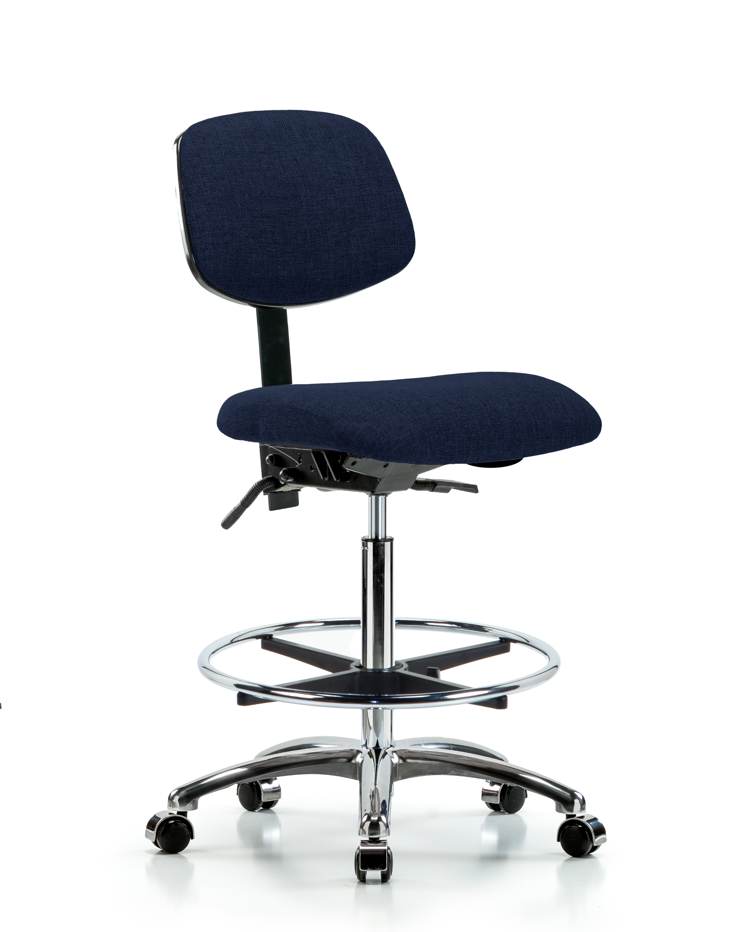 Rutledge Fabric Chair Chrome - High Bench Height with Chrome Foot Ring & Casters in Navy Fabric