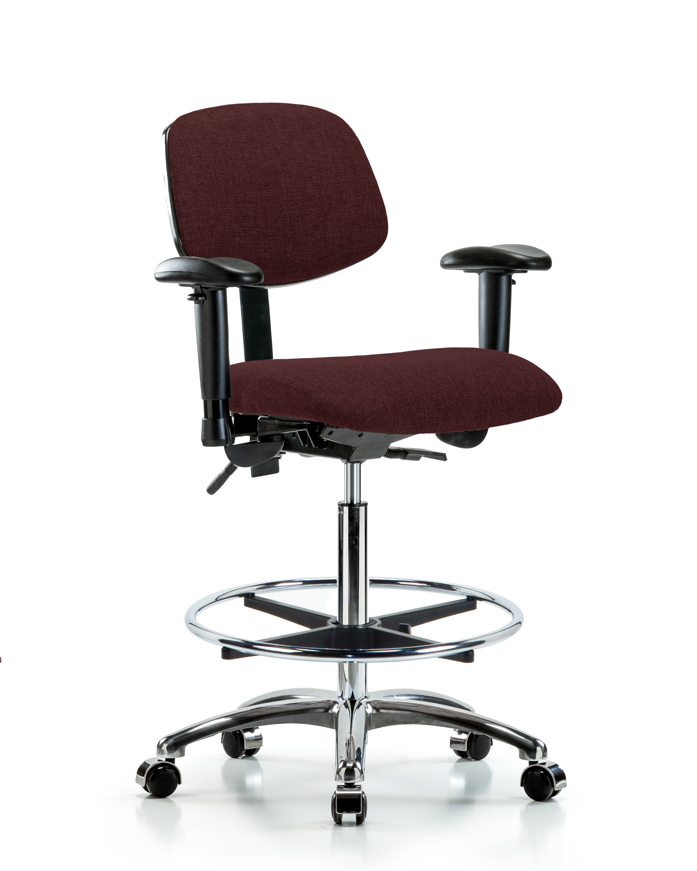 Rutledge Fabric Chair Chrome - High Bench Height with Adjustable Arms, Chrome Foot Ring, & Casters in Burgundy Fabric