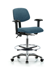 Rutledge Fabric Chair Chrome - High Bench Height with Adjustable Arms, Chrome Foot Ring, & Casters in Blue Fabric
