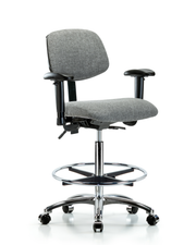 Rutledge Fabric Chair Chrome - High Bench Height with Adjustable Arms, Chrome Foot Ring, & Casters in Gray Fabric