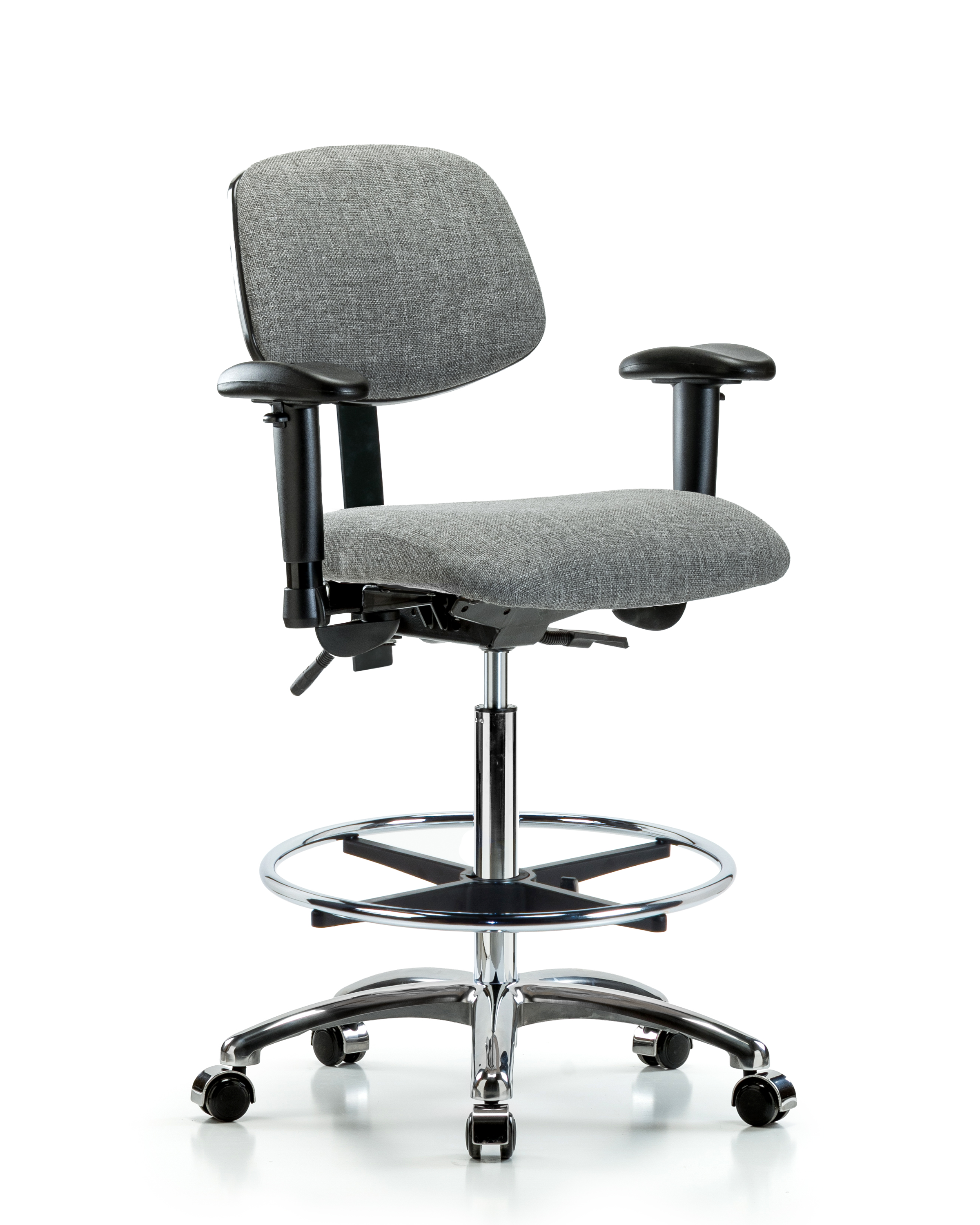 Rutledge Fabric Chair Chrome - High Bench Height with Adjustable Arms, Chrome Foot Ring, & Casters in Gray Fabric