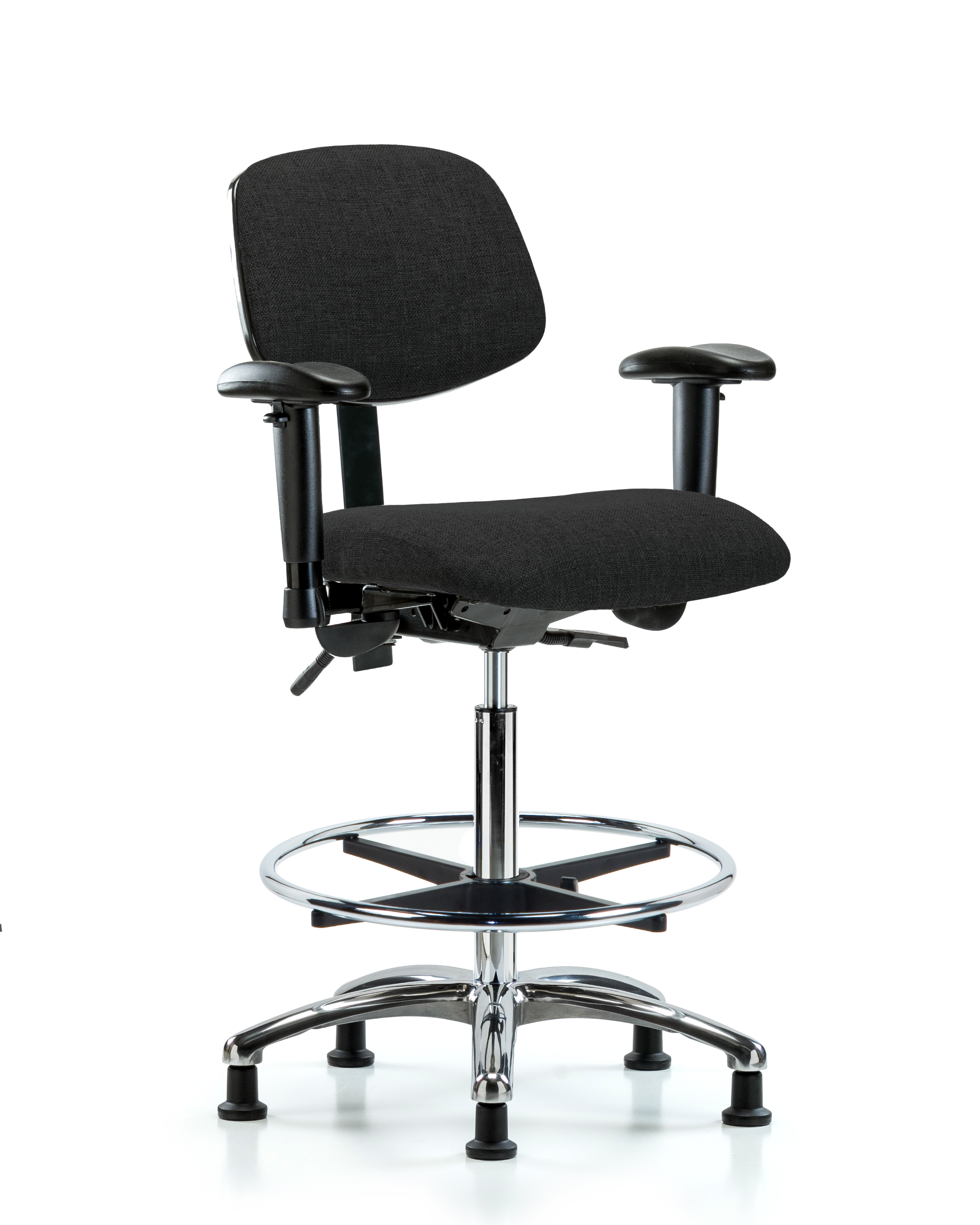 Rutledge Fabric Chair Chrome - High Bench Height with Adjustable Arms, Chrome Foot Ring, & Stationary Glides in Black Fabric