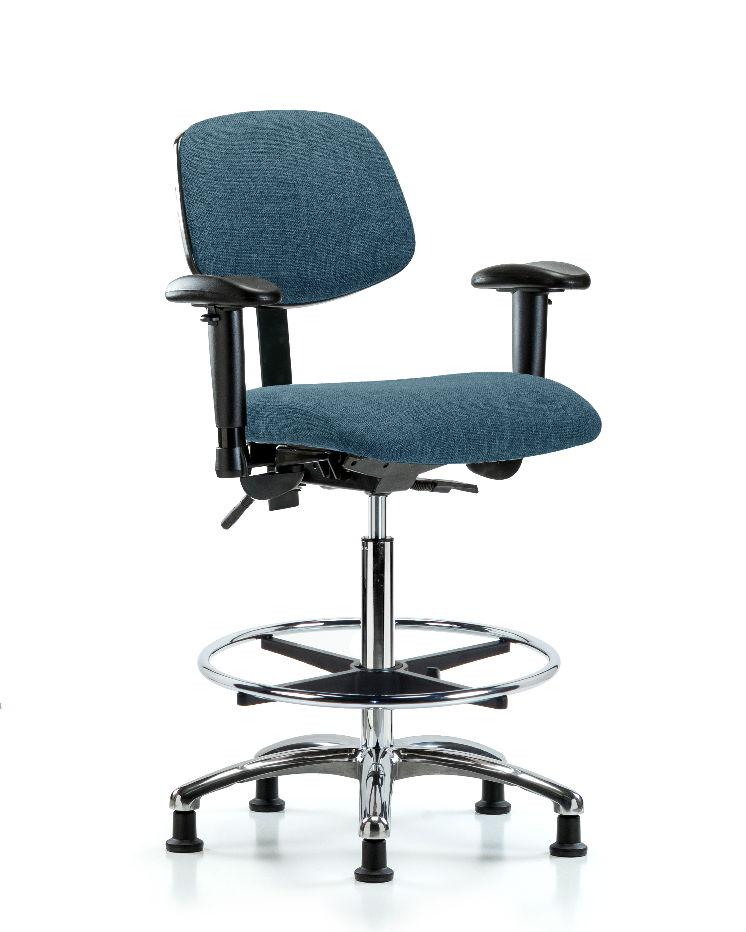 Rutledge Fabric Chair Chrome - High Bench Height with Adjustable Arms, Chrome Foot Ring, & Stationary Glides in Blue Fabric