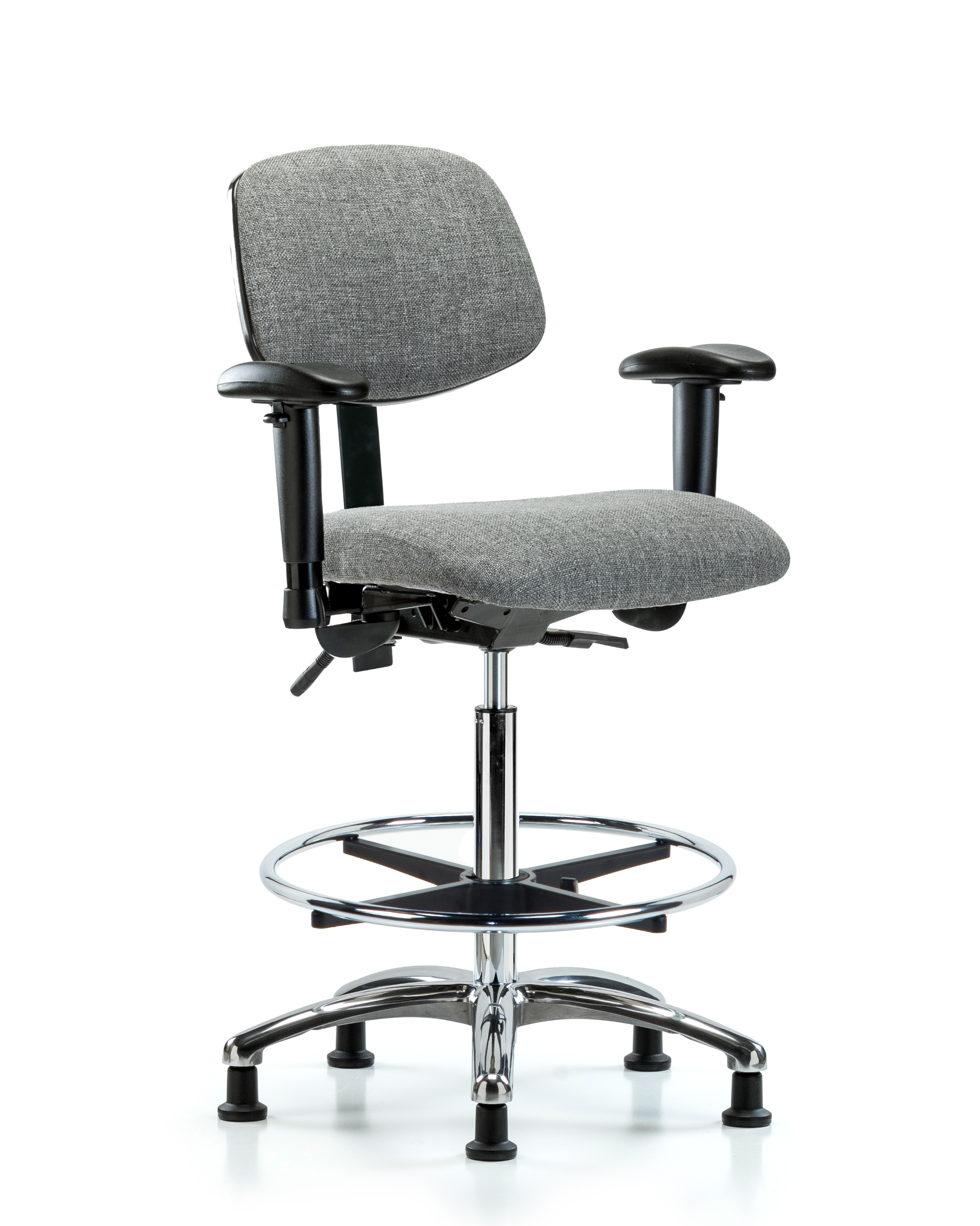 Rutledge Fabric Chair Chrome - High Bench Height with Adjustable Arms, Chrome Foot Ring, & Stationary Glides in Gray Fabric