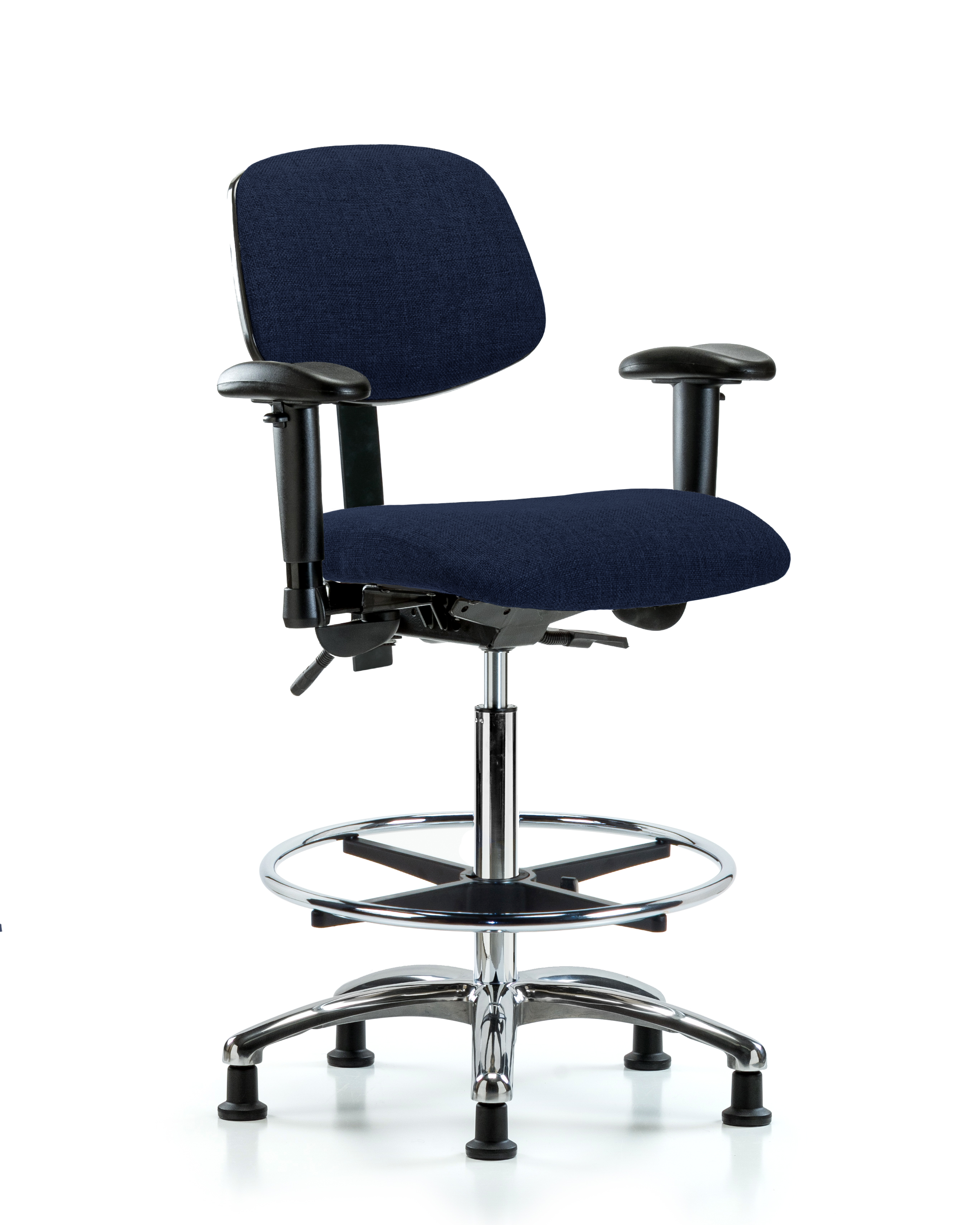 Rutledge Fabric Chair Chrome - High Bench Height with Adjustable Arms, Chrome Foot Ring, & Stationary Glides in Navy Fabric