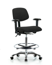 Rutledge Fabric Chair Chrome - High Bench Height with Seat Tilt, Adjustable Arms, Chrome Foot Ring, & Casters in Black Fabric