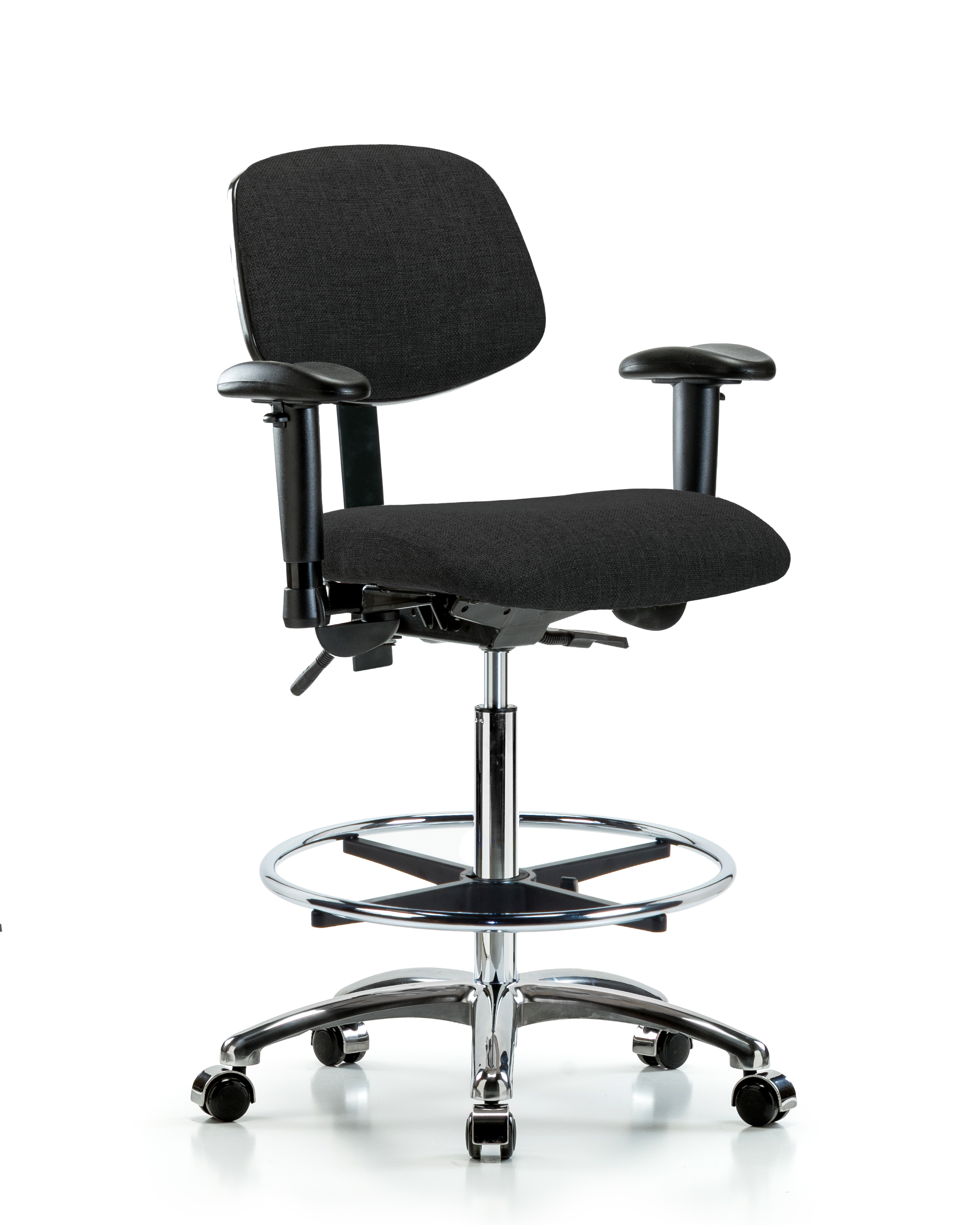 Rutledge Fabric Chair Chrome - High Bench Height with Seat Tilt, Adjustable Arms, Chrome Foot Ring, & Casters in Black Fabric