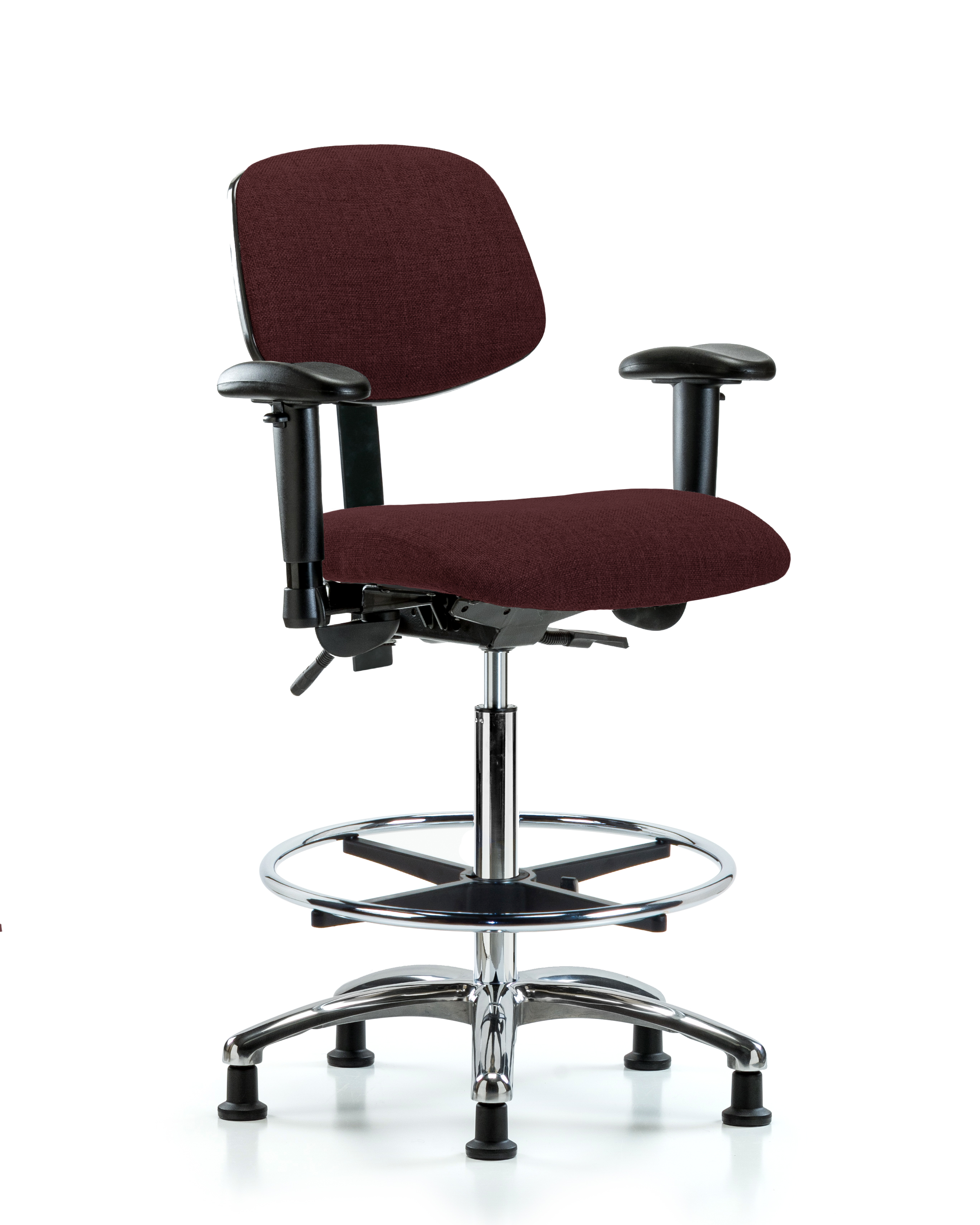Rutledge Fabric Chair Chrome - High Bench Height with Seat Tilt, Adjustable Arms, Chrome Foot Ring, & Stationary Glides in Burgundy Fabric