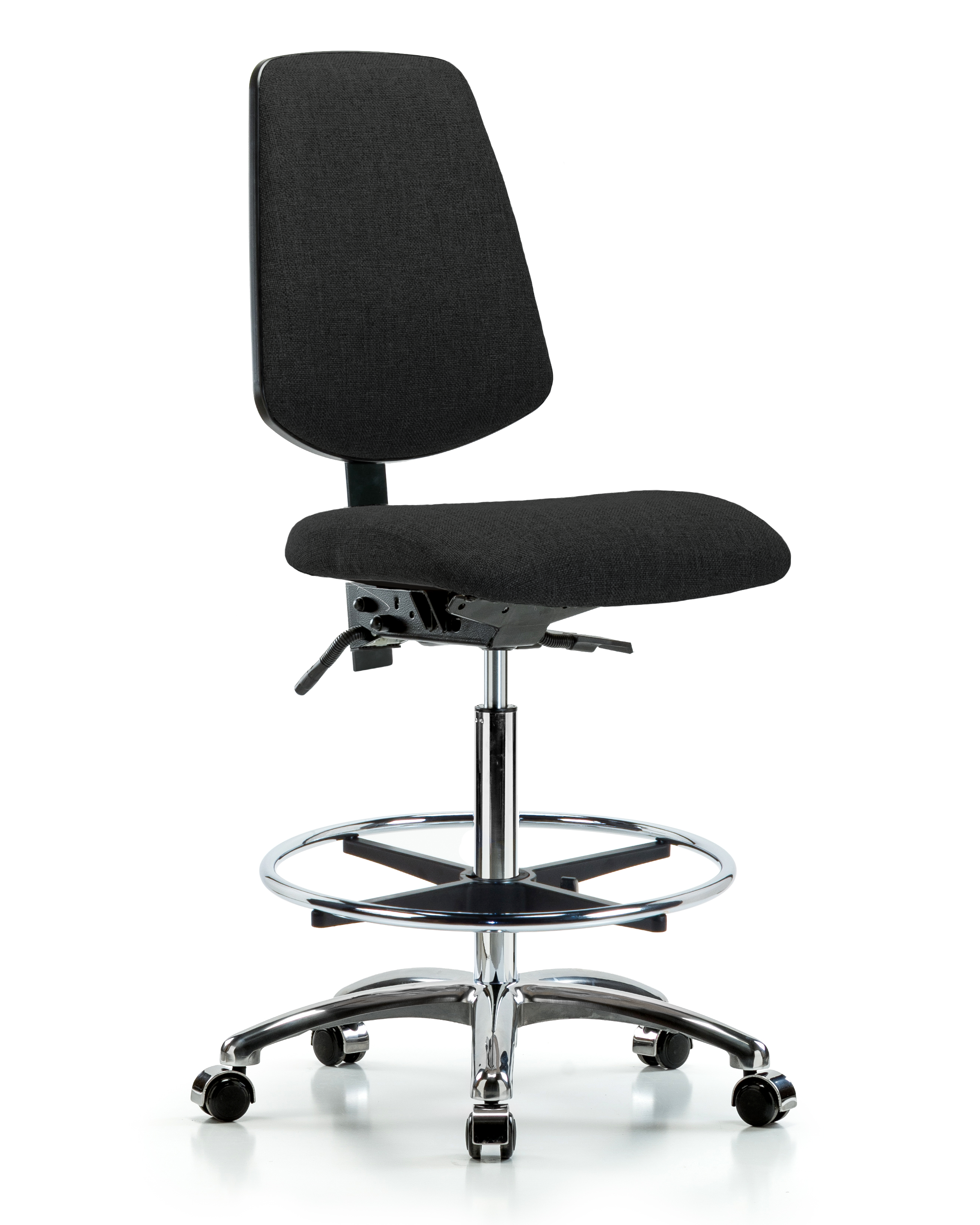Rutledge Fabric Chair Chrome - High Bench Height with Medium Back, Chrome Foot Ring, & Casters in Black Fabric