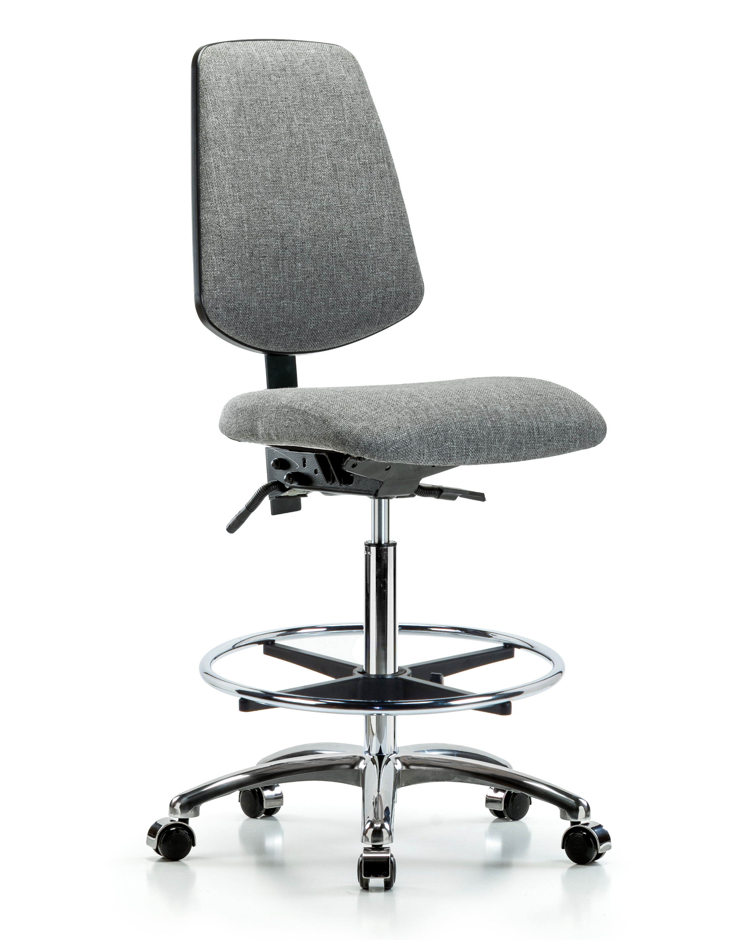 Rutledge Fabric Chair Chrome - High Bench Height with Medium Back, Chrome Foot Ring, & Casters in Gray Fabric